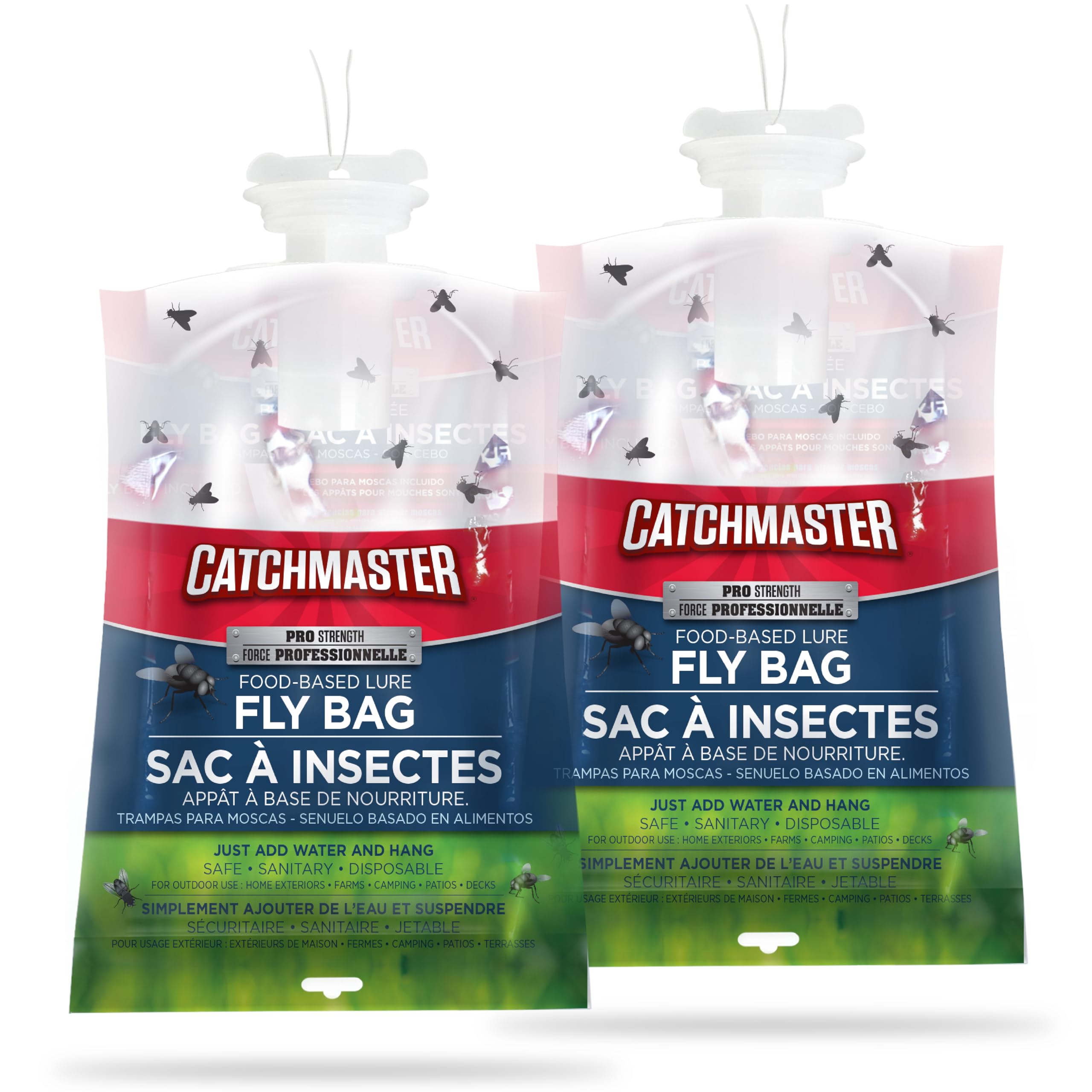 Catchmaster Pro Series Fly Bag 2-Pack, Hanging Fly Trap Outdoor Home, Bug Catcher and Flying Insect Trap with Premium Fly Bait, Pet Safe Pest Control, XL Bag for Backyard, Pool, Patio & Camping