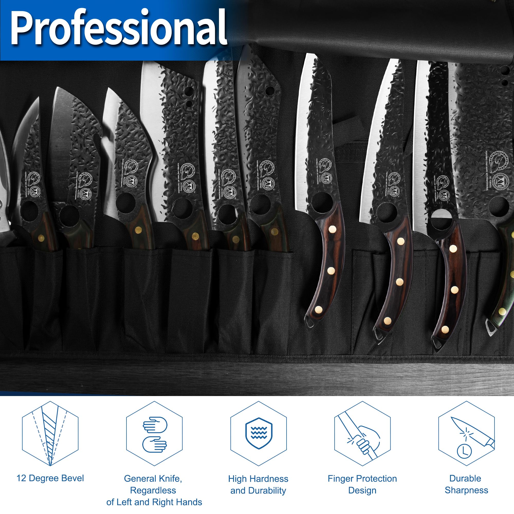 XYJ Professional Kitchen Knife Set with High-Carbon Steel Forged Blades, Chef's Knife, Cleaver, Carving Knife, Nakiri, Full Tang Design, Includes Carrying Bag & Poultry Scissors