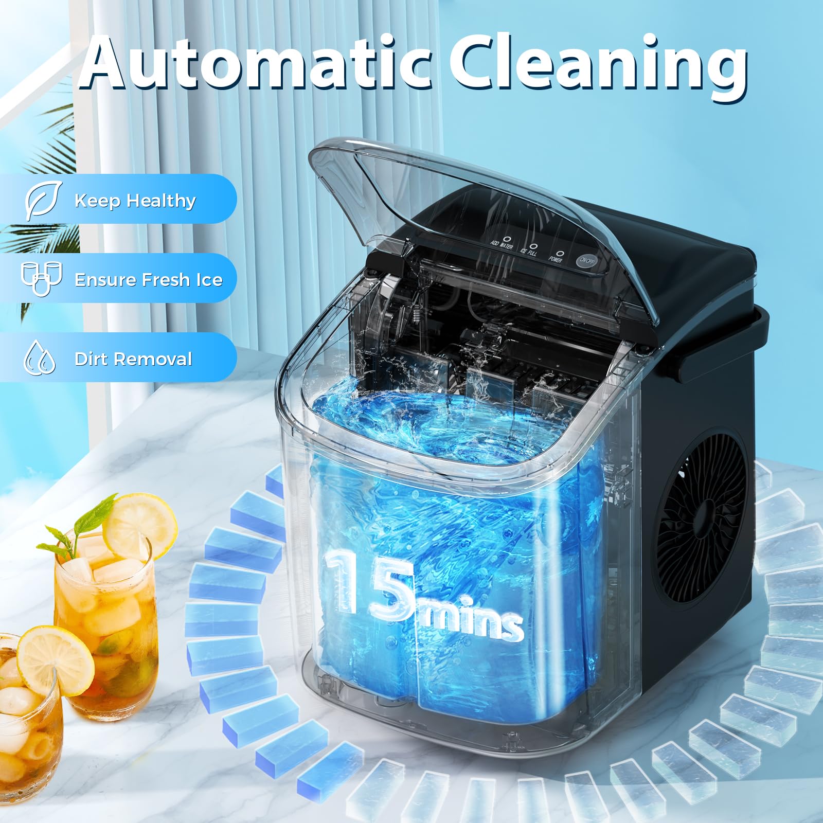 Antarctic Star Countertop Ice Maker Portable Ice Machine with Handle,Self-Cleaning Ice Makers, 26Lbs/24H, 9 Ice Cubes Ready in 6 Mins for Home Kitchen Bar Party (Black)