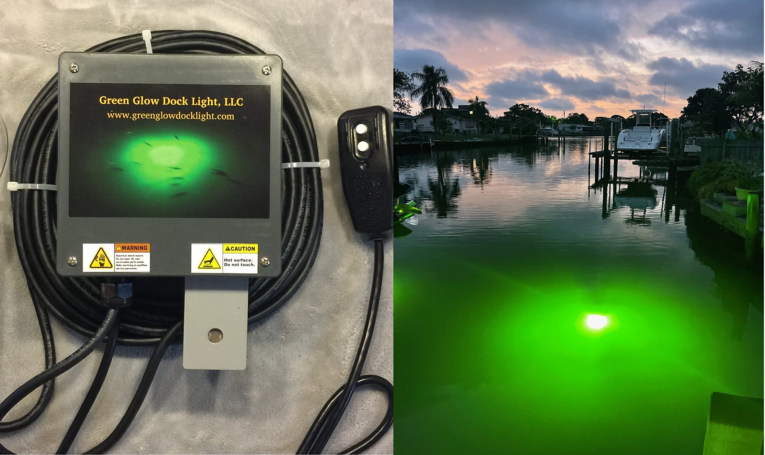 Saltwater Approved Barnacle Burner Underwater Fish Light, 250 Watt Extreme Brilliant Green 21,000 Lumens Single Dock Light 50' Marine Grade Lamp Cable, Automatic Dusk to Dawn, Easy Self Installation.
