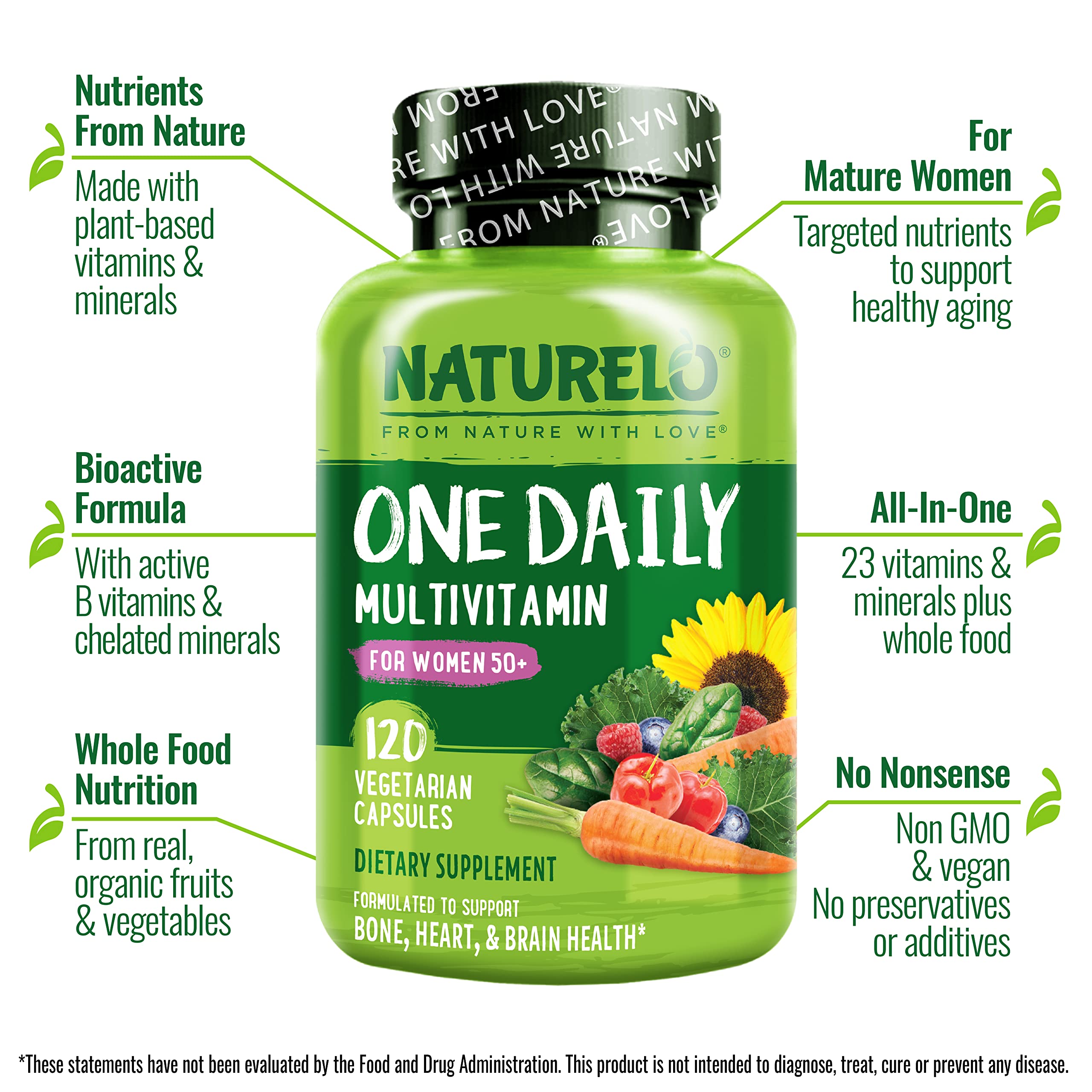 NATURELO One Daily Multivitamin for Women 50+ (Iron Free) - Menopause Support for Women Over 50 - Whole Food Supplement - Non-GMO - No Soy - 120 Capsules - 4 Month Supply