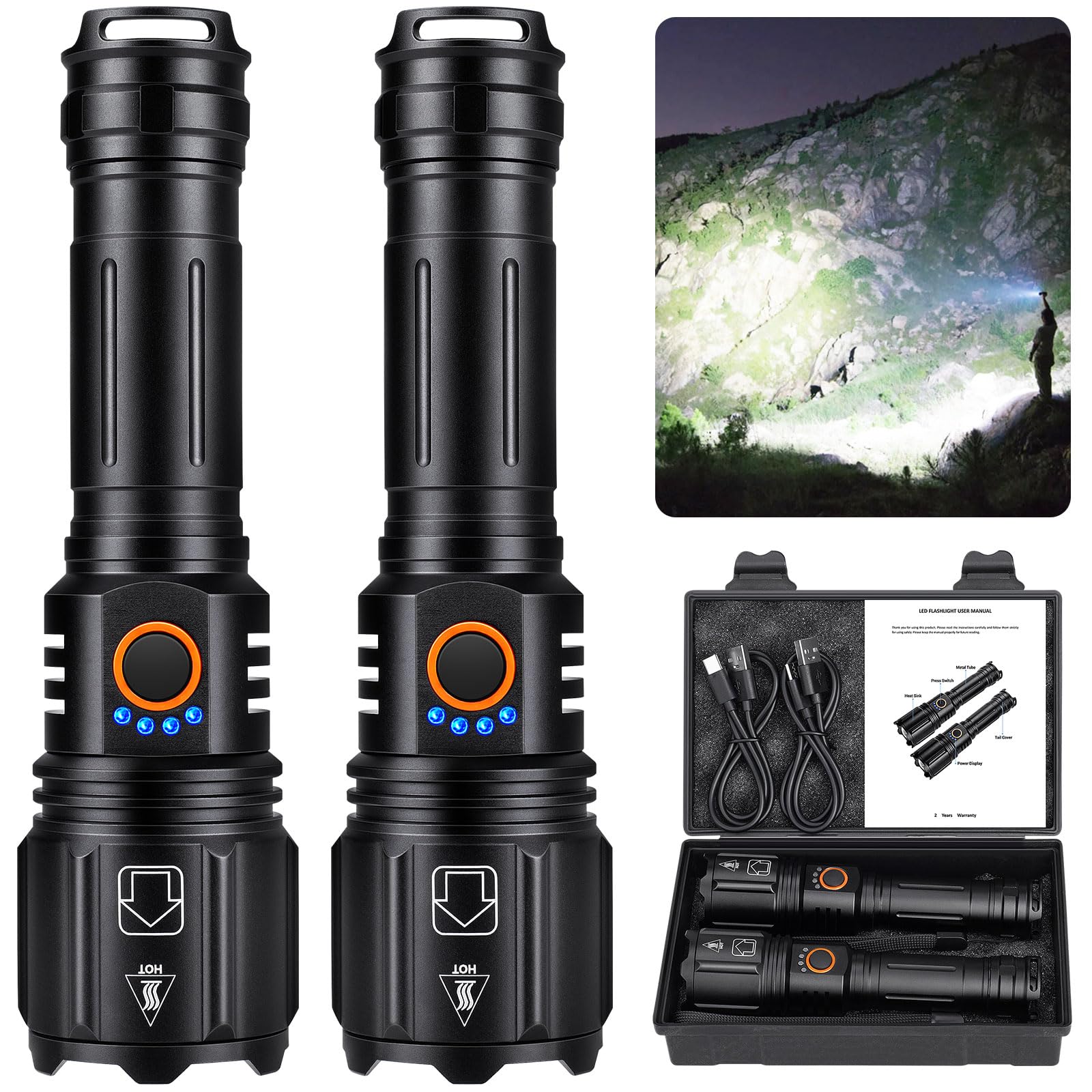 AURASEASON LED Flashlights High Lumens Rechargeable, 2 Pack 990,000 Lumen Super Bright Flashlights with 5 Modes, IPX7 Waterproof Powerful Handheld Flash Light for Camping Outdoor Home Emergency