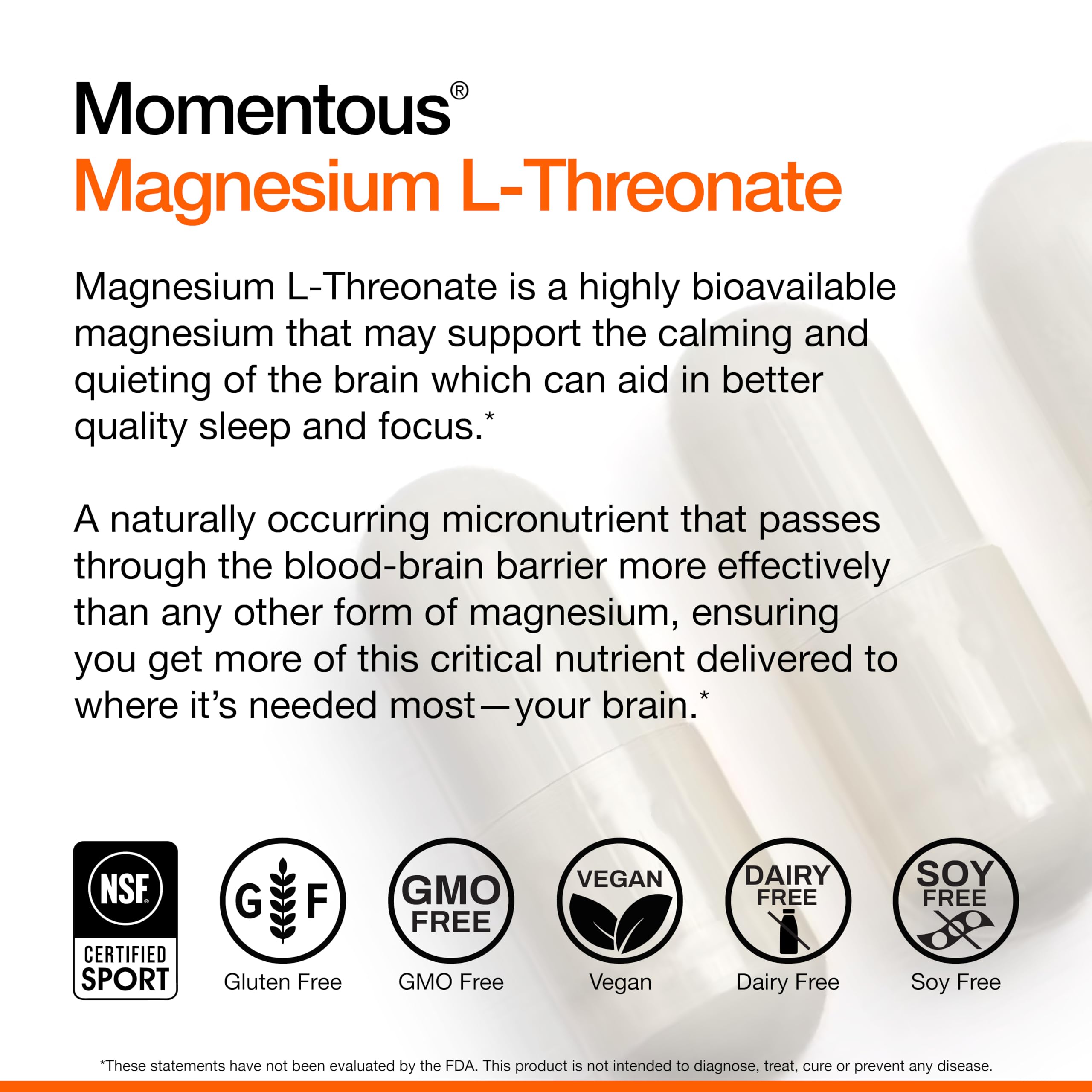 Momentous Magtein Magnesium L-Threonate 145mg - Magnesium Threonate Supplement for Cognitive Function & Rest Support - Magnesium L Threonate Capsules, 30 Servings (Package May Vary)