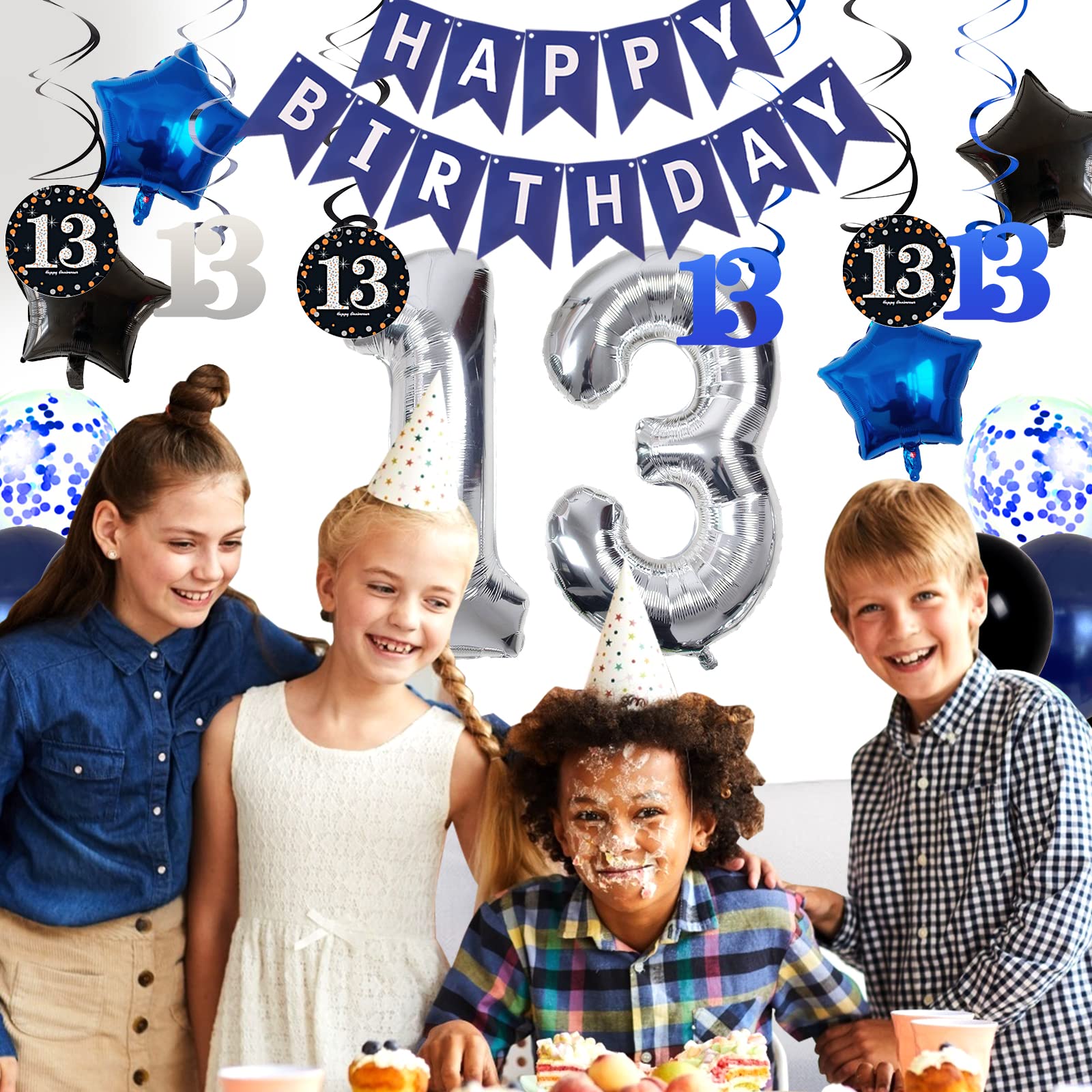 13th Birthday Decorations for Boys Dark Blue, HAPPY BIRTHDAY Banner and Silver Number 13 Balloons, Deep Blue Theme Party for Girls - 13 Years Old Birthday Party Supplies Kit for Teenager and Kids