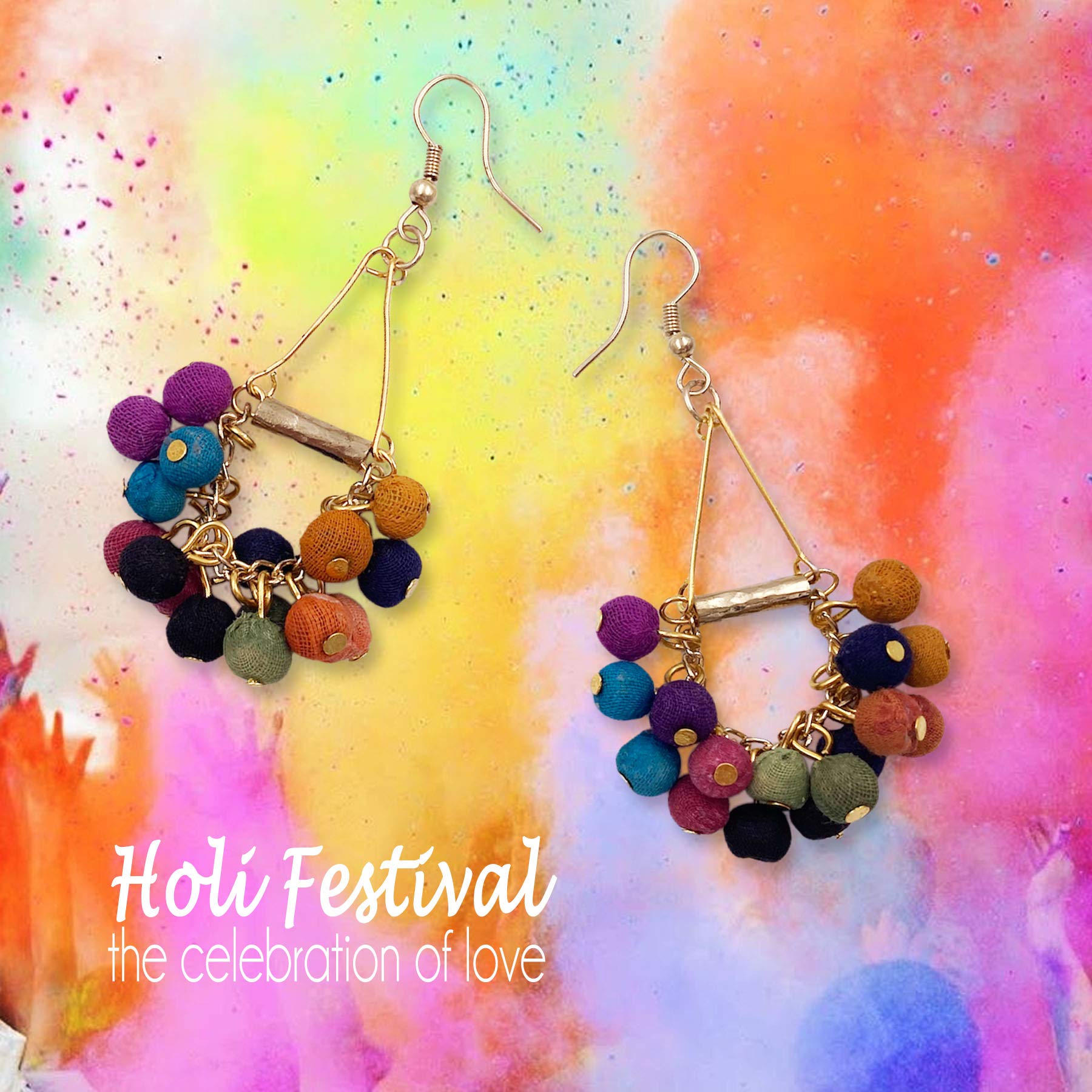 Handmade Earrings for Women Colorful Fabric Beads Holi Festival Dangle Fashion T011