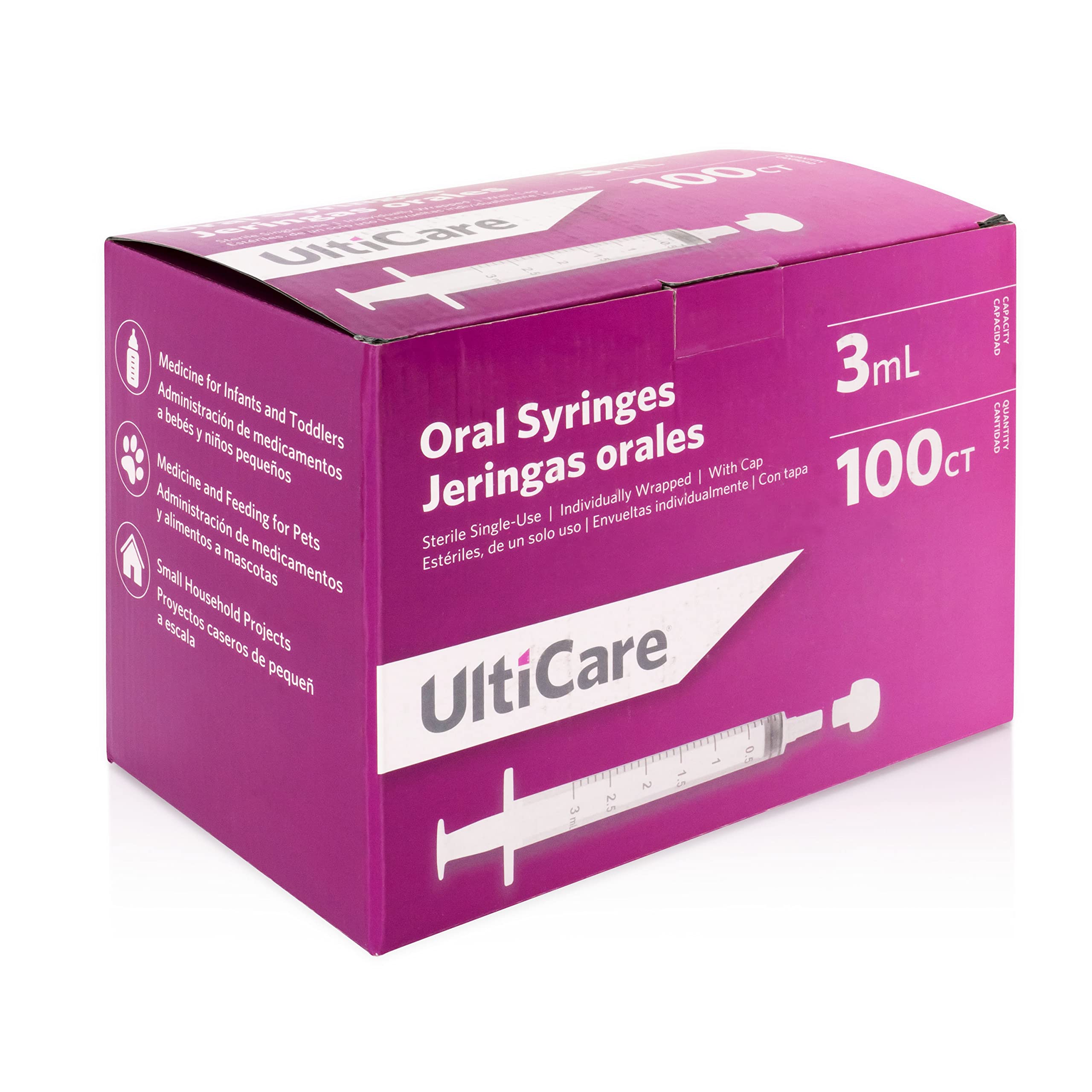 UltiCare 3mL Oral Syringe – Uses Include Oral Administration of Medicine for Infants, Toddlers and Small Pets, and Small HH Projects. Oral Tip with Cap, Sterile Individually Wrapped, 100 Count