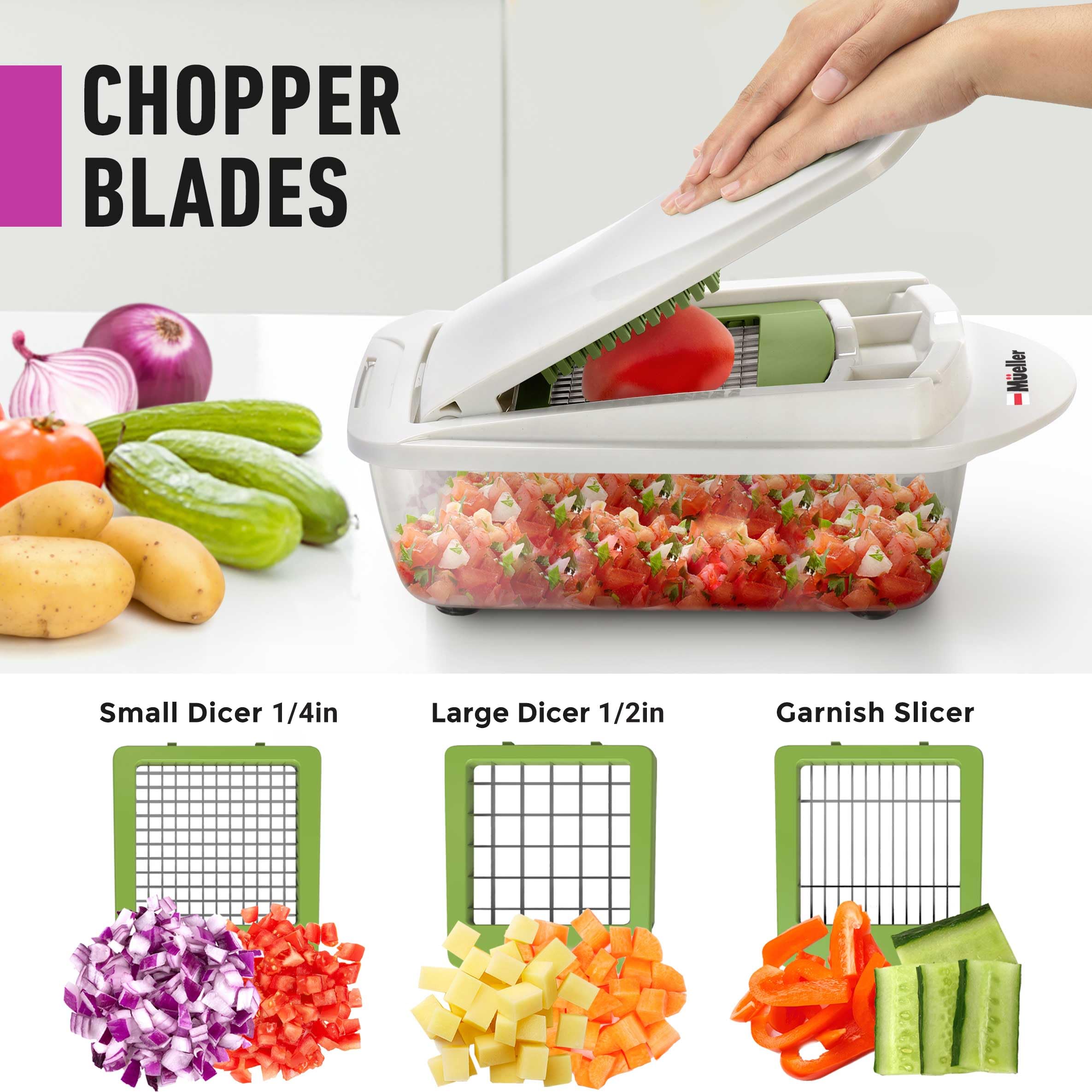 Mueller Pro-Series 10-in-1, 8 Blade Vegetable Chopper, Onion Mincer, Cutter, Dicer, Egg Slicer with Container, French Fry Cutter Potato Slicer, Home Essentials, Salad Chopper White Sand/Green