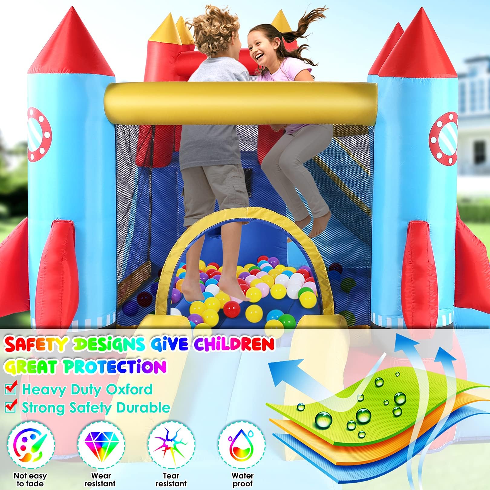 AKEYDIY Bounce House Water Slide, Rocket Castle Bouncy House- 13X12ft Inflatable Bounce House for Kids 3-12 with Slide Park,Pool,Climbing Wall,Bouncer Area- Kids Water Bounce House Indoor/Backyard