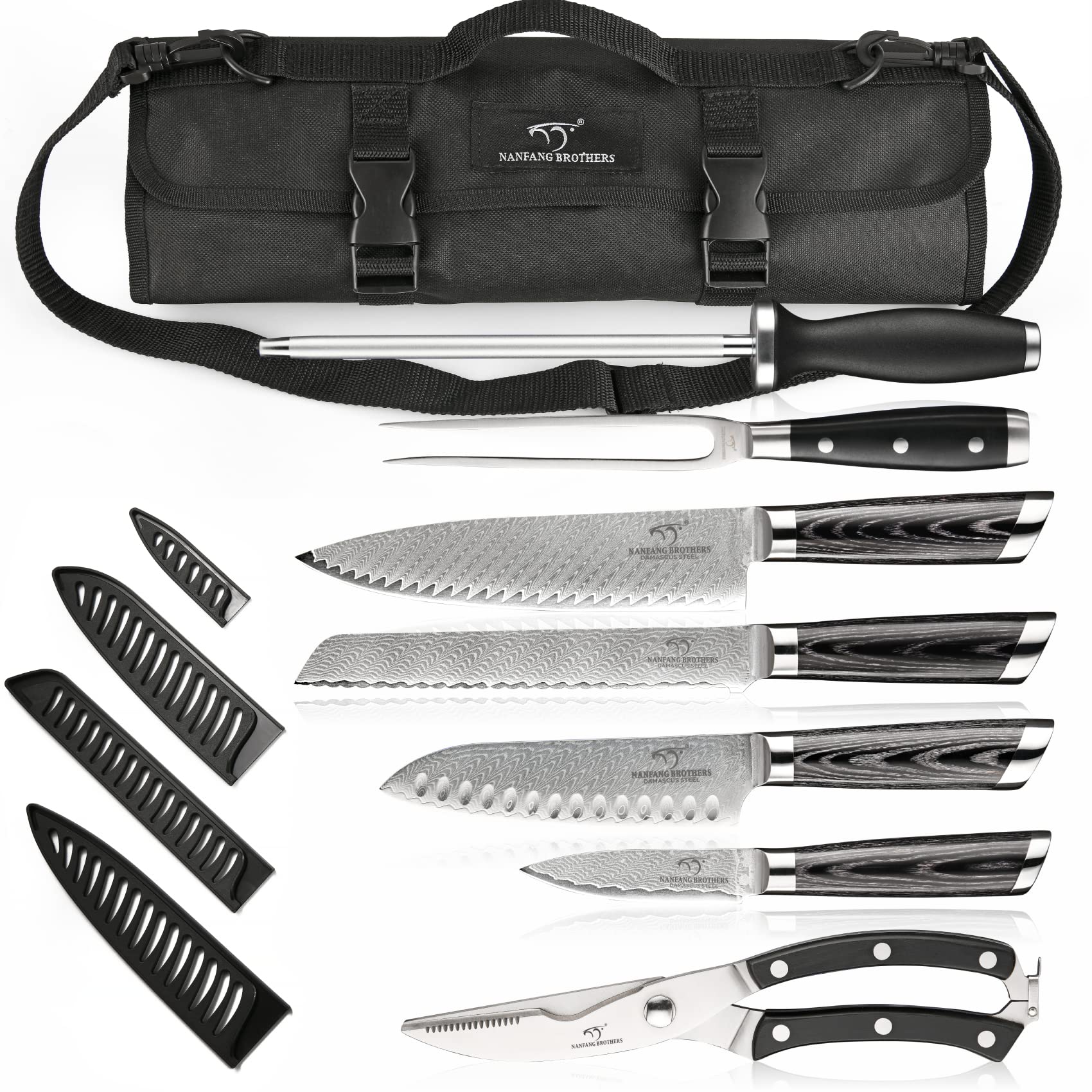 NANFANG BROTHERS Chef Knife Set with Bag, 8 Pieces Damascus Steel Chef Knives with Portable Knife Roll Storage Bag, Blade Guards, Carving Fork, Sharpener and Kitchen Shears for Outdoor Camping Travel