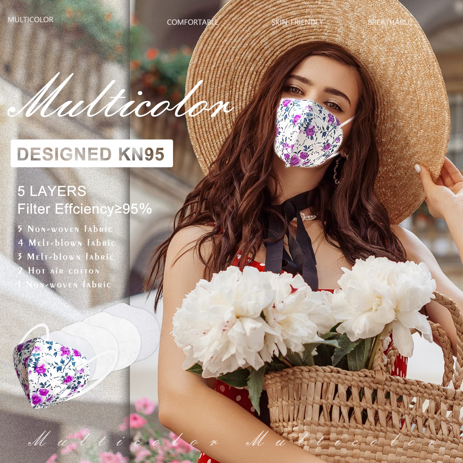 AHOTOP KN95 Face Masks, 60 Pack Individually Wrapped KN95 Masks, 5 layer Colorful Floral Face Mask with Design for Adults Women Men