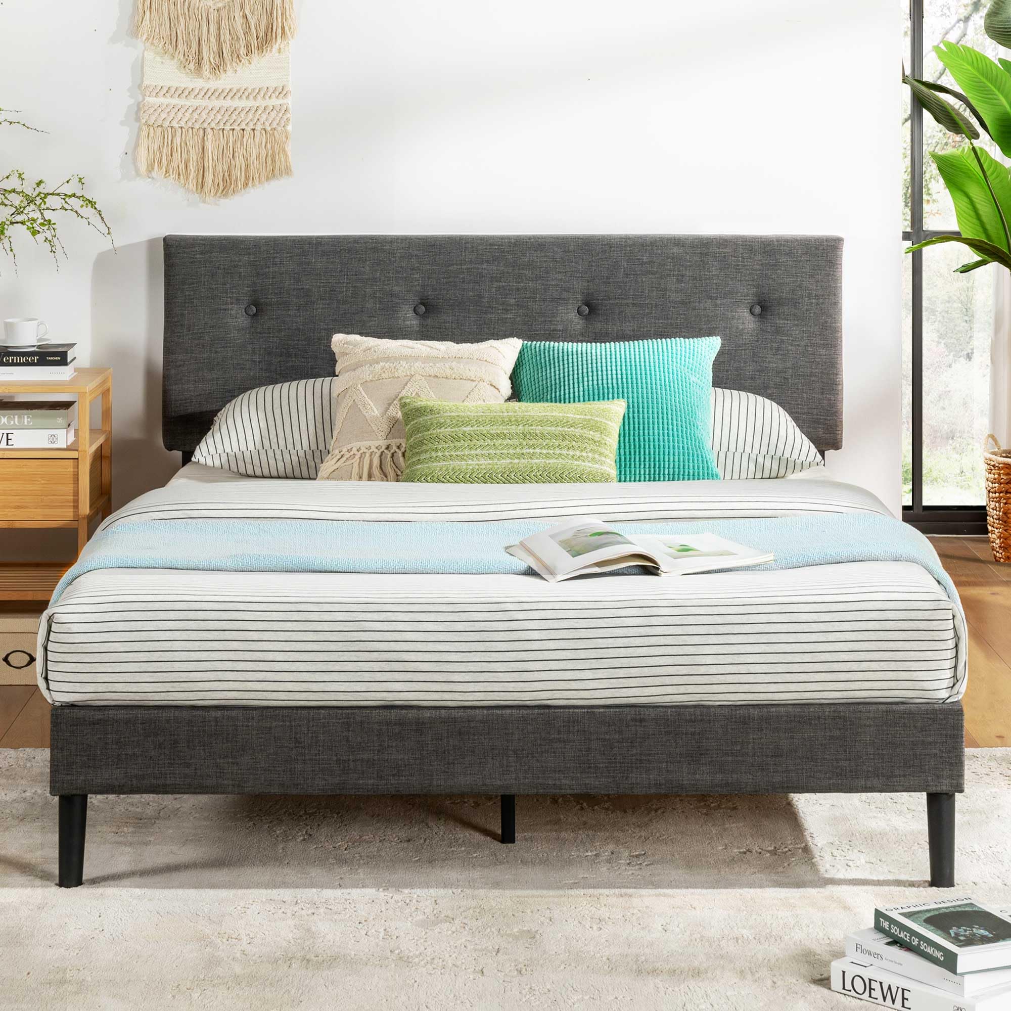 Mellow Alva Upholstered Platform Bed Frame with Button Tufted Headboard and Sustainable Bamboo Slats/No Box Spring Needed/Mattress Foundation/Easy Assembly, Dark Grey, Queen