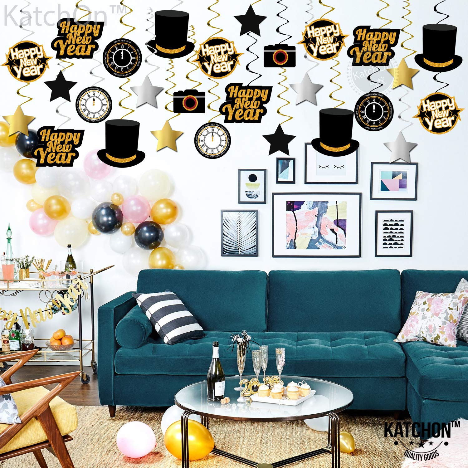 KatchOn, Happy New Year Hanging Swirls - Pack of 30 | Black and Gold New Years Eve Party Supplies 2025 | Happy New Year Decorations 2025 | New Years Hanging Decorations | New Years Eve Decorations