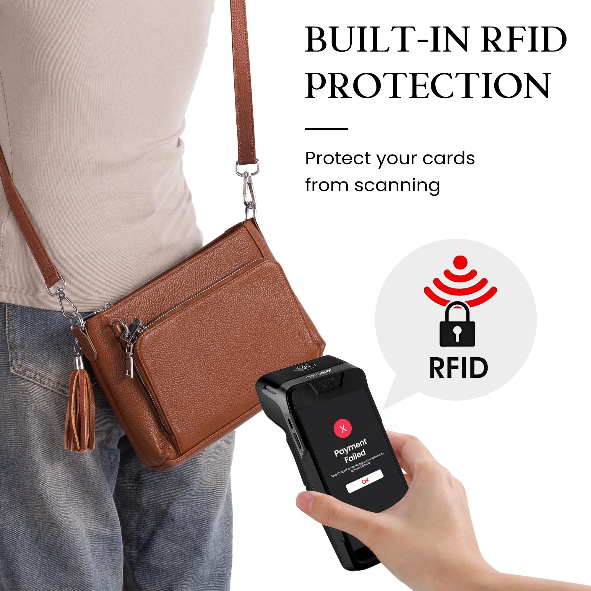 befen Genuine Leather Crossbody Bags for Women, Brown Leather Purse with Built in Wallet, RFID Blocking Anti Theft Crossbody Bags for Women, Travel Purse with Removable and Adjustable Strap