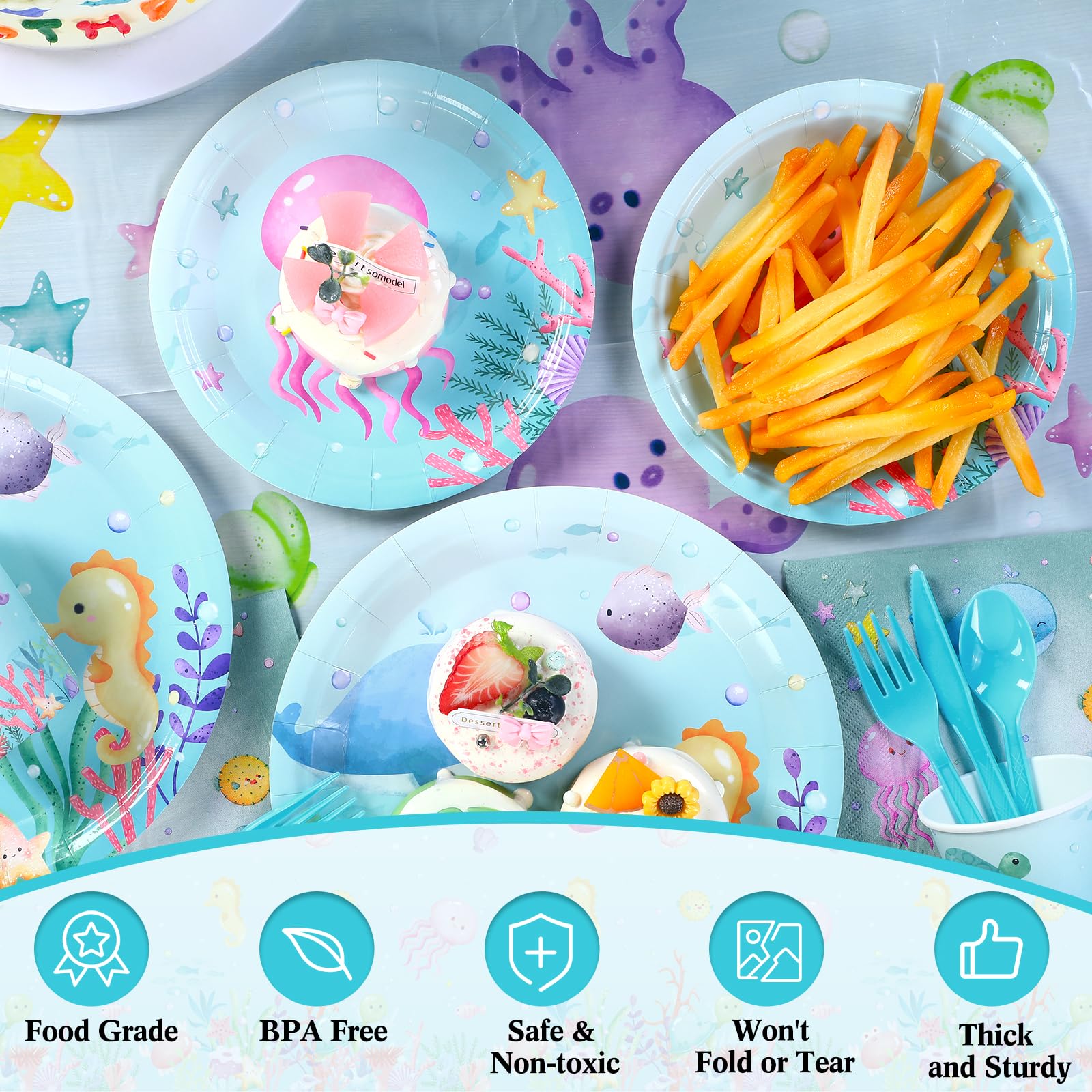 Capoda 172 Pieces Ocean Theme Birthday Party Decorations Underwater Party Supplies Tableware Set for 24 Include Plates Napkins Forks Spoons Knives Cups Banner Tablecloths for Kids Sea Life Birthday