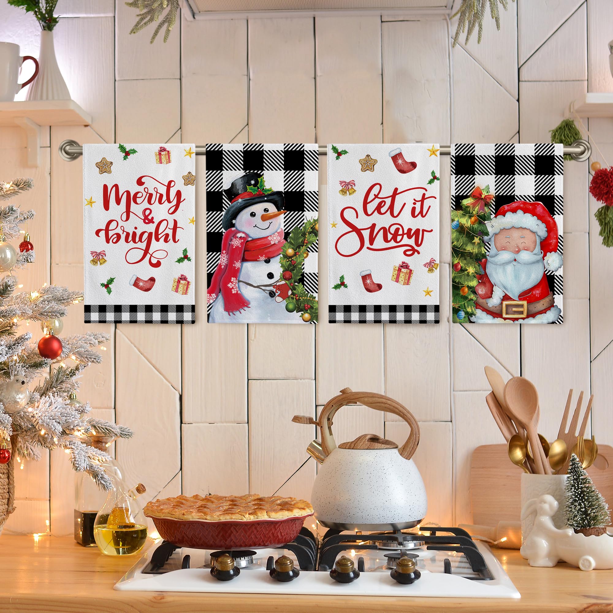 Christmas Kitchen Towels Sets of 4 - Christmas Hand Towels Bathroom - Christmas Dish Towels Microfiber Tea Dishcloths - Christmas Decor Winter Black Buffalo Plaid Xmas Housewarming Hostess Gifts