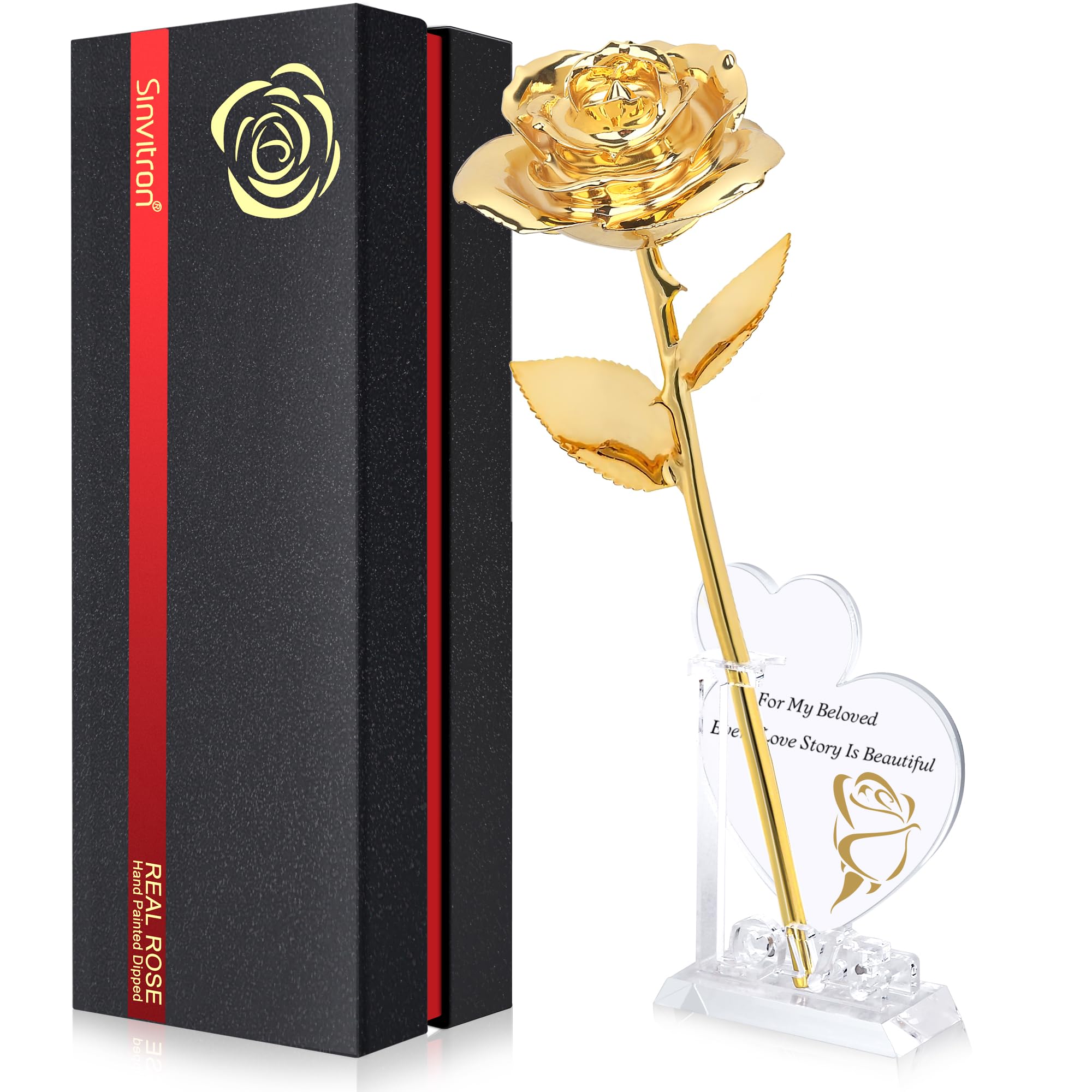 Sinvitron Gold Dipped Rose Real 24K Gold Rose, Long Stem Hand Dipped in 24k Gold Rose,Unique Romantic Gifts for Women in Her Birthday, Anniversary,Valentines Day, for mom (Gold)