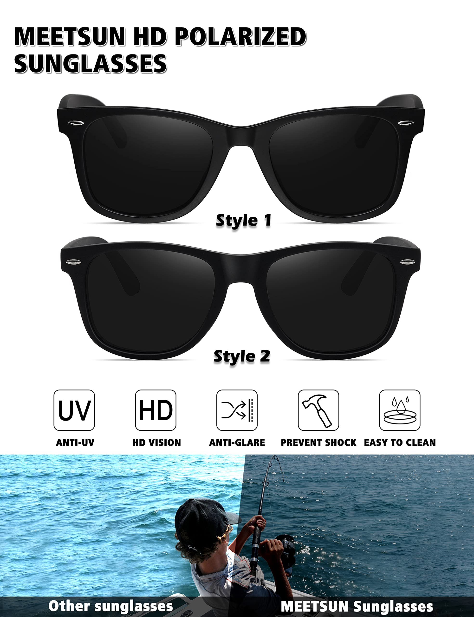 MEETSUN Polarized Sunglasses for Men Women Classic Retro Sun Glasses for Driving Fishing UV Protection 2 Pack C3 Matte Black Frame/Grey Lens