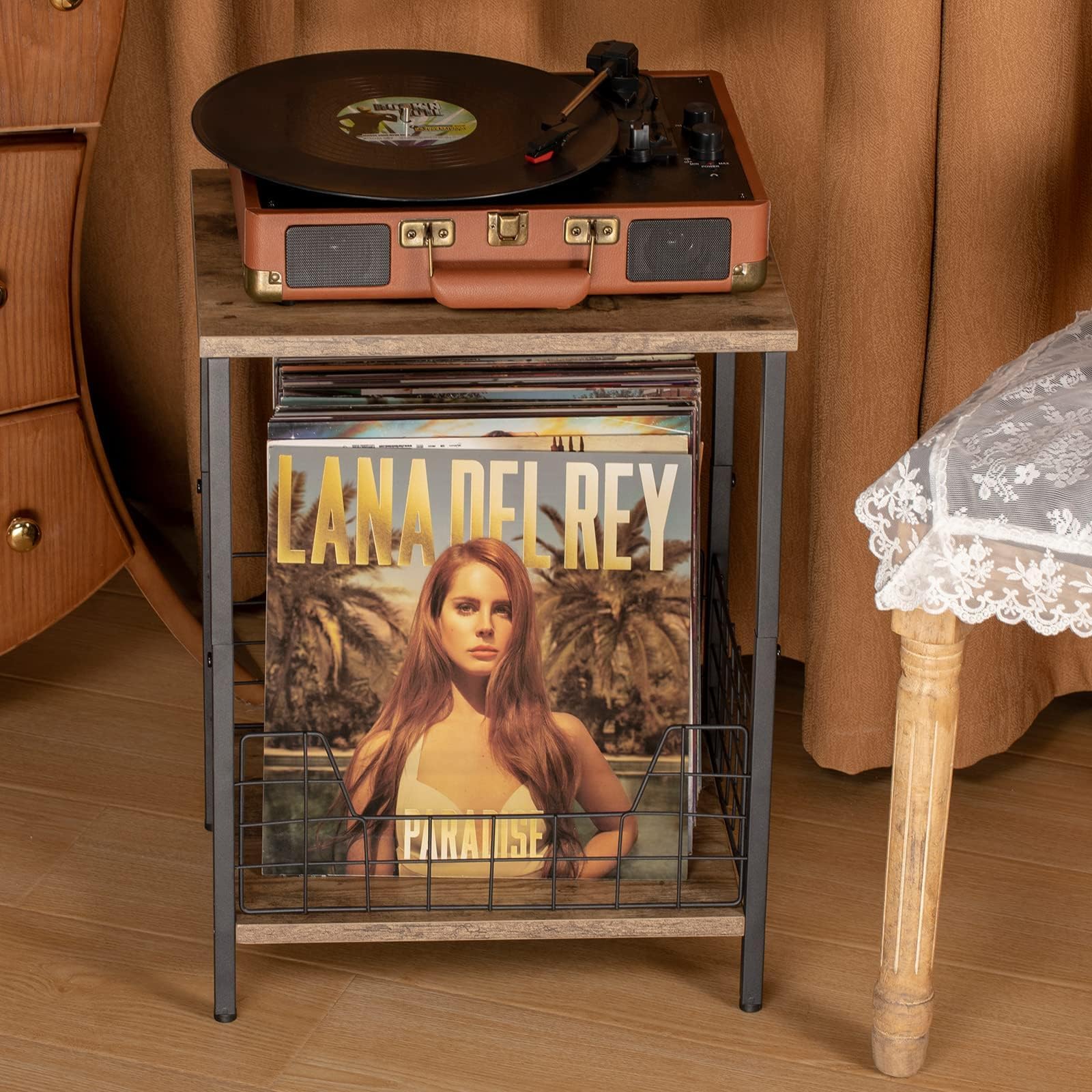 X-cosrack 2-Tier Record Player Table, Industrial Retro Side Table Nightstand Small for Living Room Bedroom Kitchen Office Small Spaces, Record Player Stand with Record Album Storage-Rustic Brown