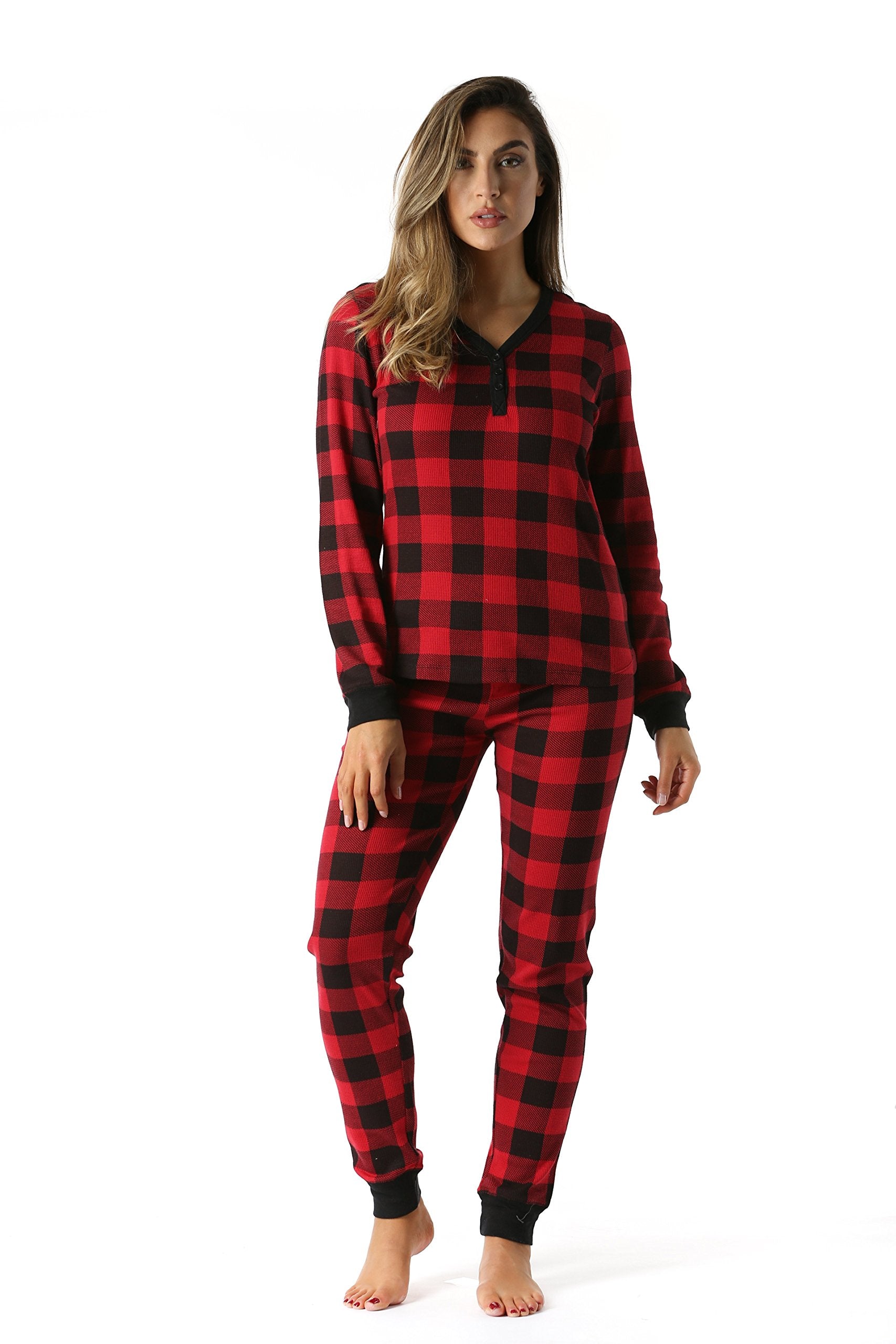 #followme Buffalo Plaid 2 Piece Base Layer Thermal Underwear Set for Women 6372-10195-NEW-RED-M