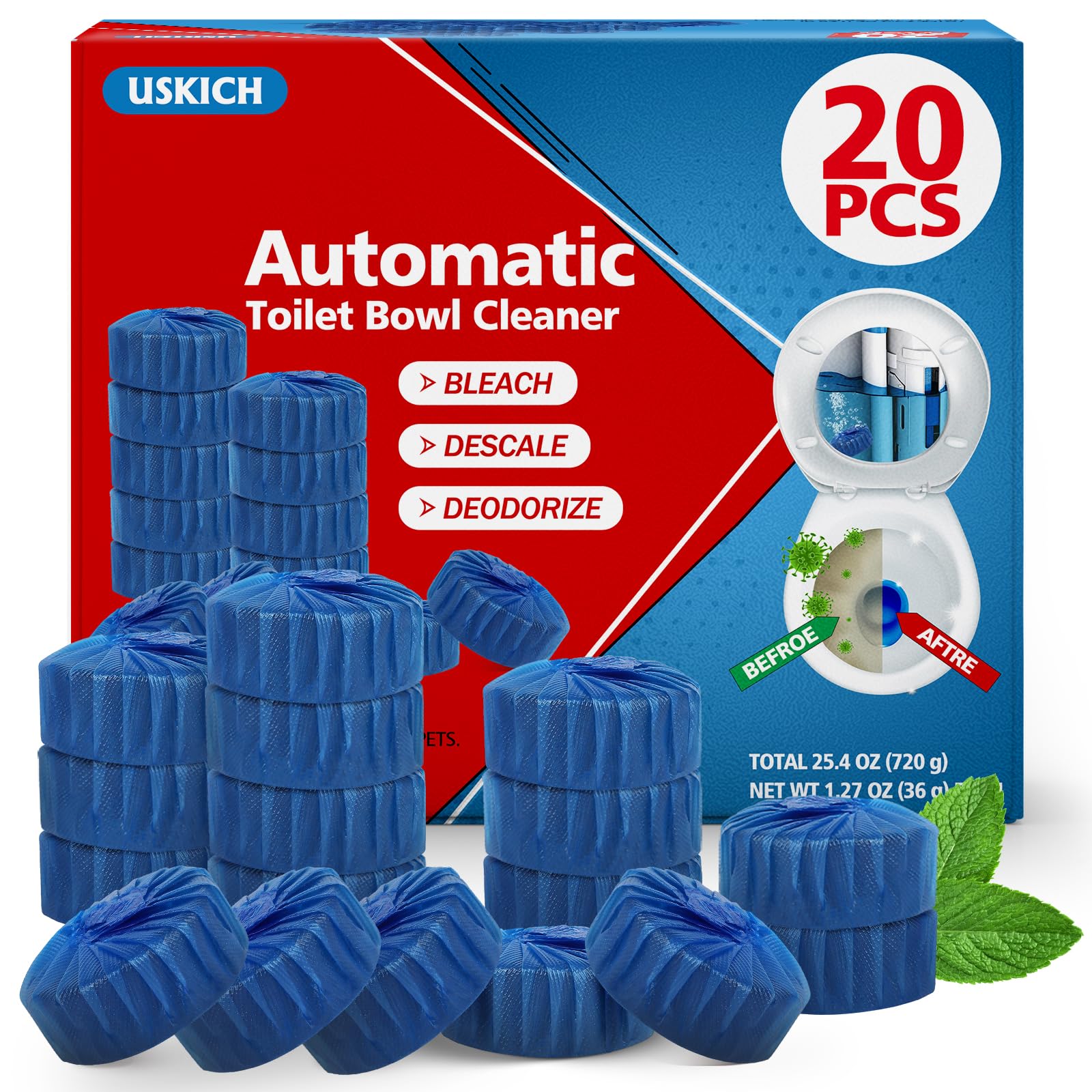 USKICH Toilet Bowl Cleaner Tablets 20 PACK, Bathroom Automatic Toilet Tank Blue Cleaners with Bleach, Slow-Releasing Household Toilet Cleaners for Deodorizing, Descaling, against Tough Stains