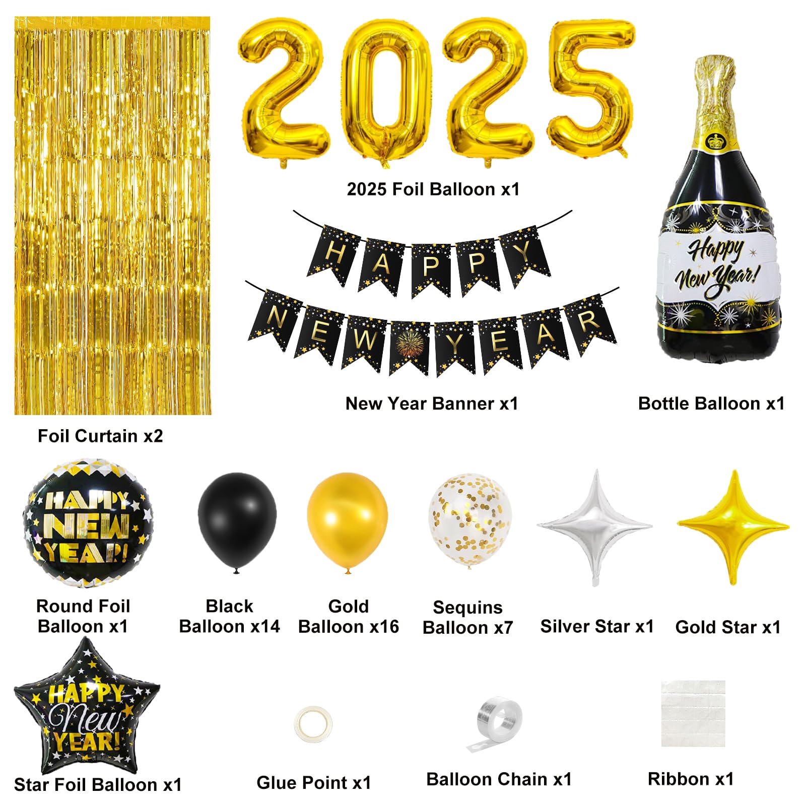 New Years Decorations 2025, New Years Eve Party Supplies 2025 - Happy New Year Decorations Kit 2025 Nye Decorations Decoracion de año nuevo 2025 Gold and Black Happy New Year Decor