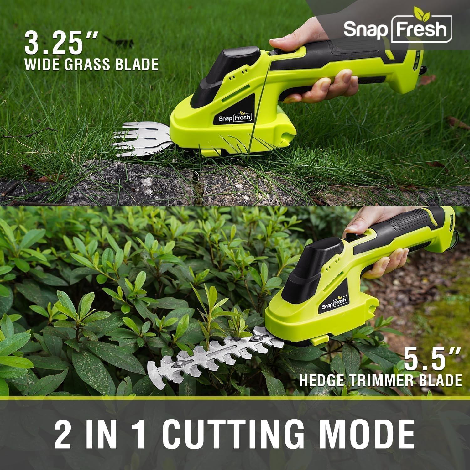 SnapFresh Cordless Grass Shear Bush Trimmer, 2 in 1 Handheld Hedge Trimmer, 7.2V Electric Grass Trimmers, Lightweight Shrubbery Trimmers Battery & Charger Included, Shrub Trimmer for Garden(Green)