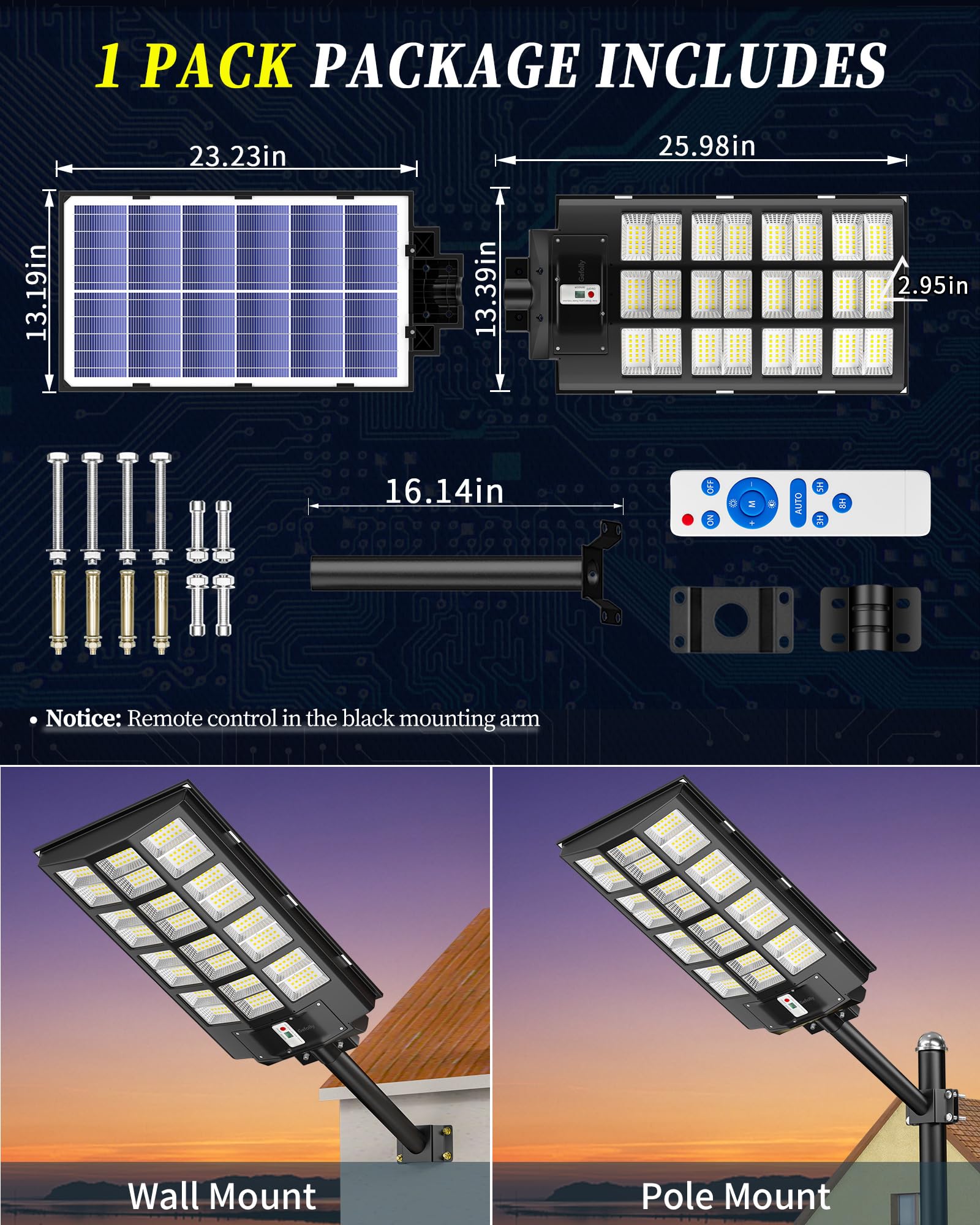 Gefolly 2800W Solar Street Light Outdoor, Wide Angle 298000LM Commercial Parking Lot Light Dusk to Dawn 6500K Solar Flood Light IP67 Solar Lamp