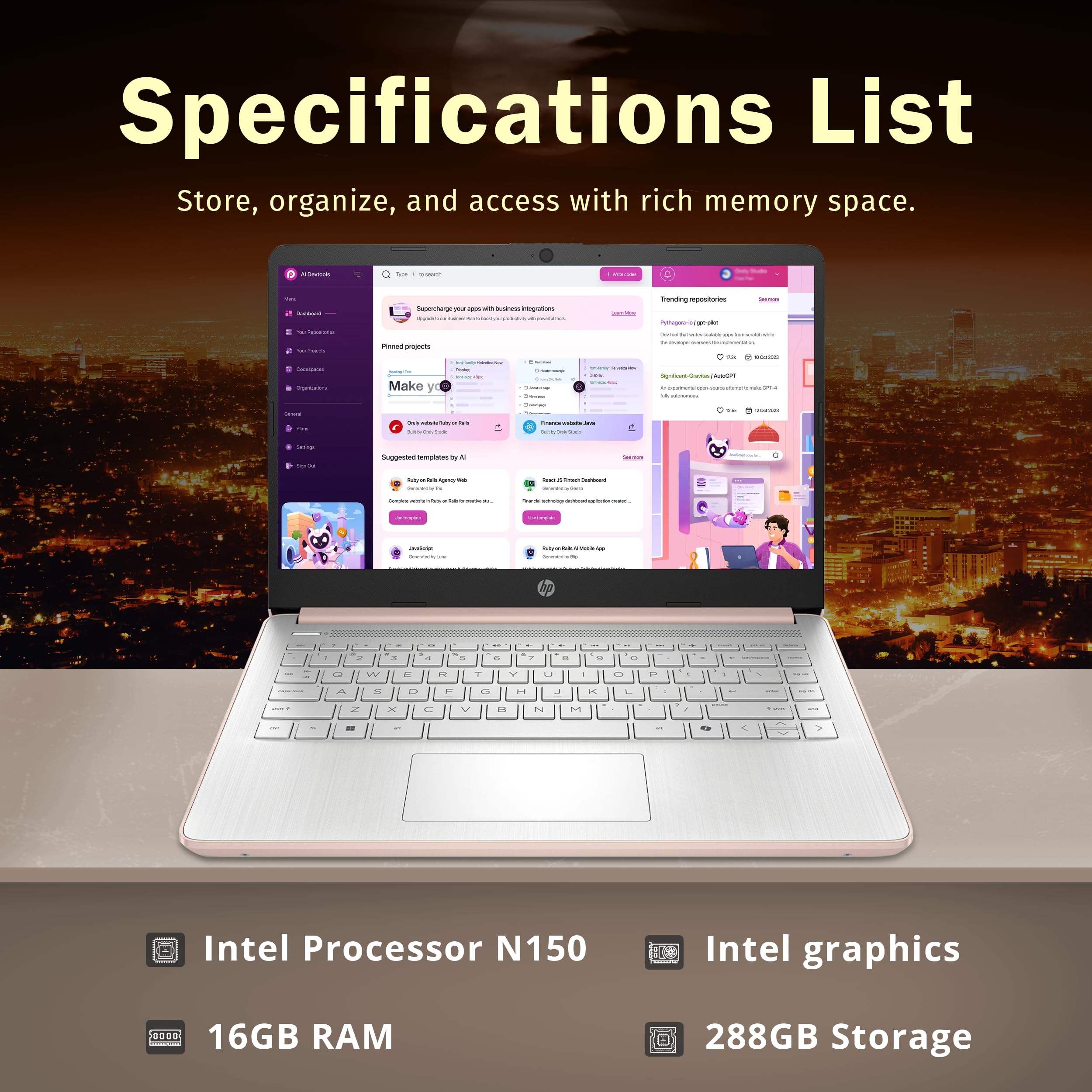 HP Stream 14" HD BrightView Laptop, Intel Celeron N150, 16GB RAM, 288GB Storage (128GB UFS + 160GB Docking Station Set), Intel UHD Graphics, 720p Webcam, Wi-Fi, 1 Year Office 365, Win 11S, Gold
