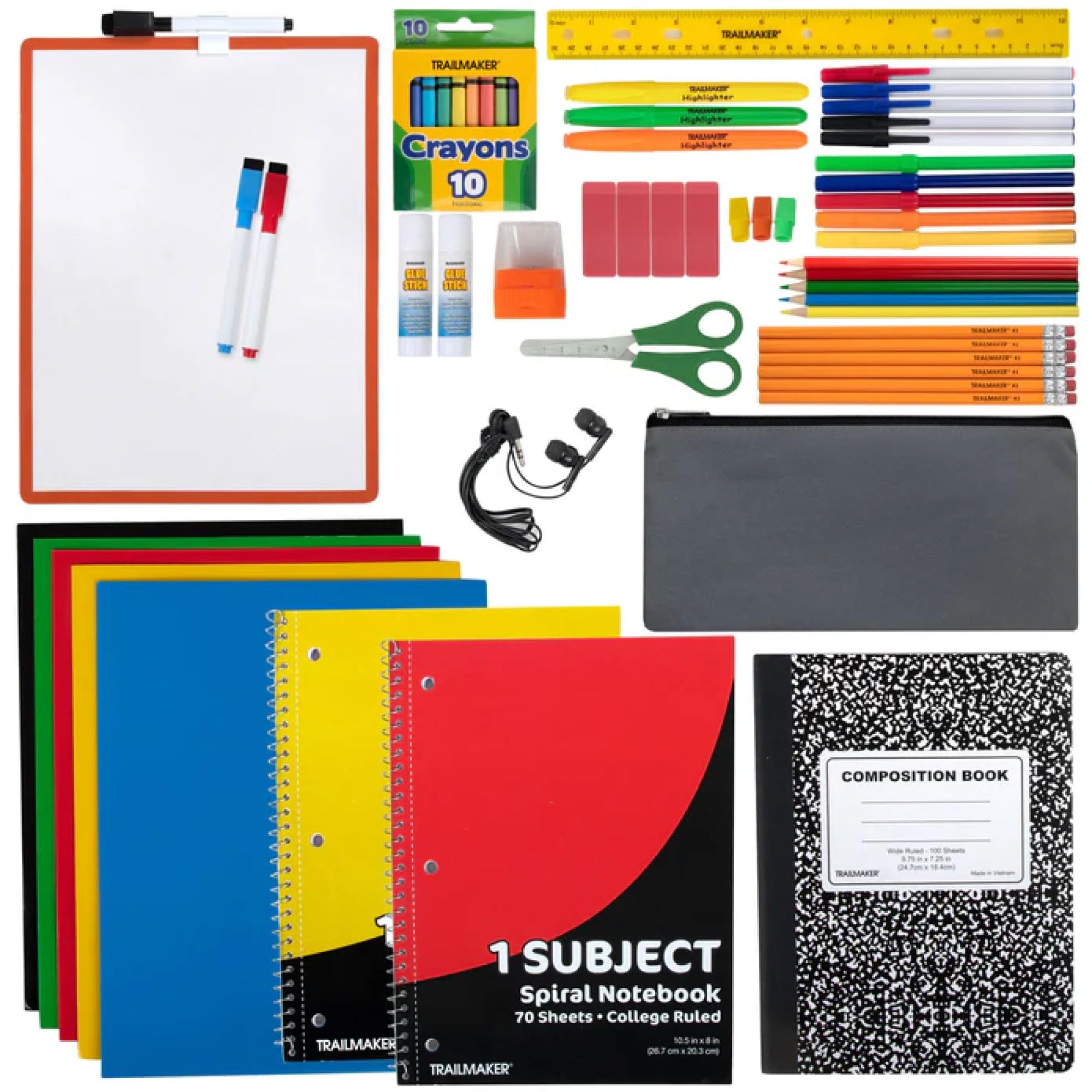 Trail maker Back to School Supplies 60 Piece Bundle Kit for Girls, Boys, Kids, Back to School Supply Box Bundle Kit Includes Notebooks, Folders, Composition Book, Headphones, Ruler, and More