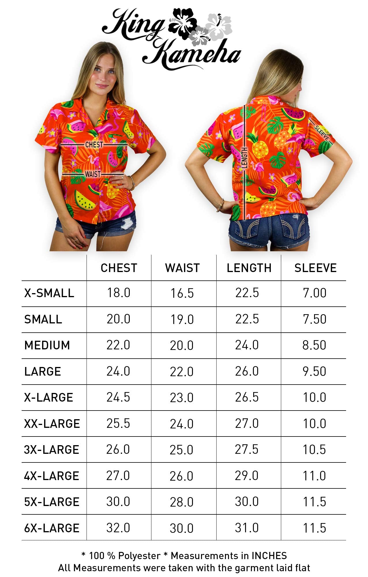 KING KAMEHA Hawaiian-Blouse Women Fruit-Designs Regular-Blouse Short-Sleeve, Flamingo-Melon, Orange, XS