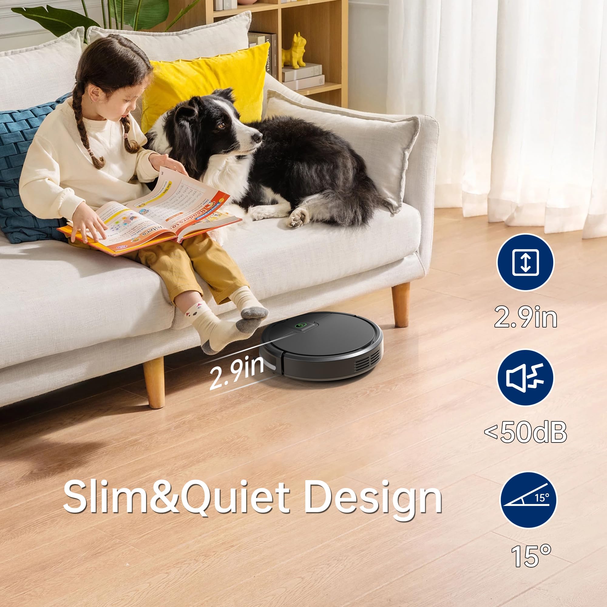ENCHE Robot Vacuum Cleaner, 2900Pa Robot Vacuum Powerful Suction with Remote Control, Automatic Self-Charging, Long Runtime, Slim and Quiet Robotic Vacuum for Carpet and Pet Hair