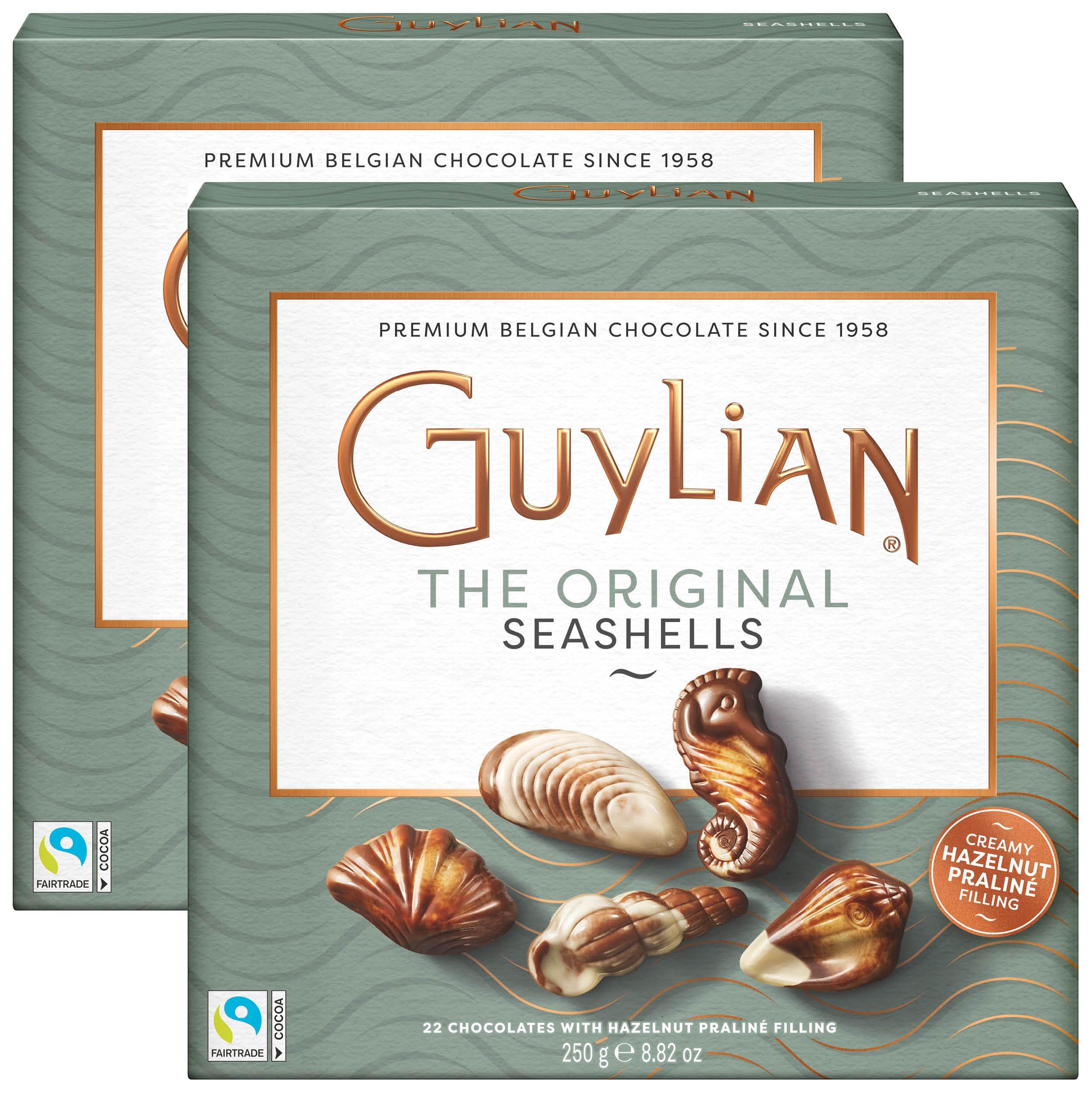 GuyLian Original Belgian Chocolate Seashells 250g Gift Box (Pack of 2): Each Contains Twenty-Two Pieces of Silky Smooth Seashell-Shaped Milk Chocolate with a Creamy Hazelnut Praliné Filling