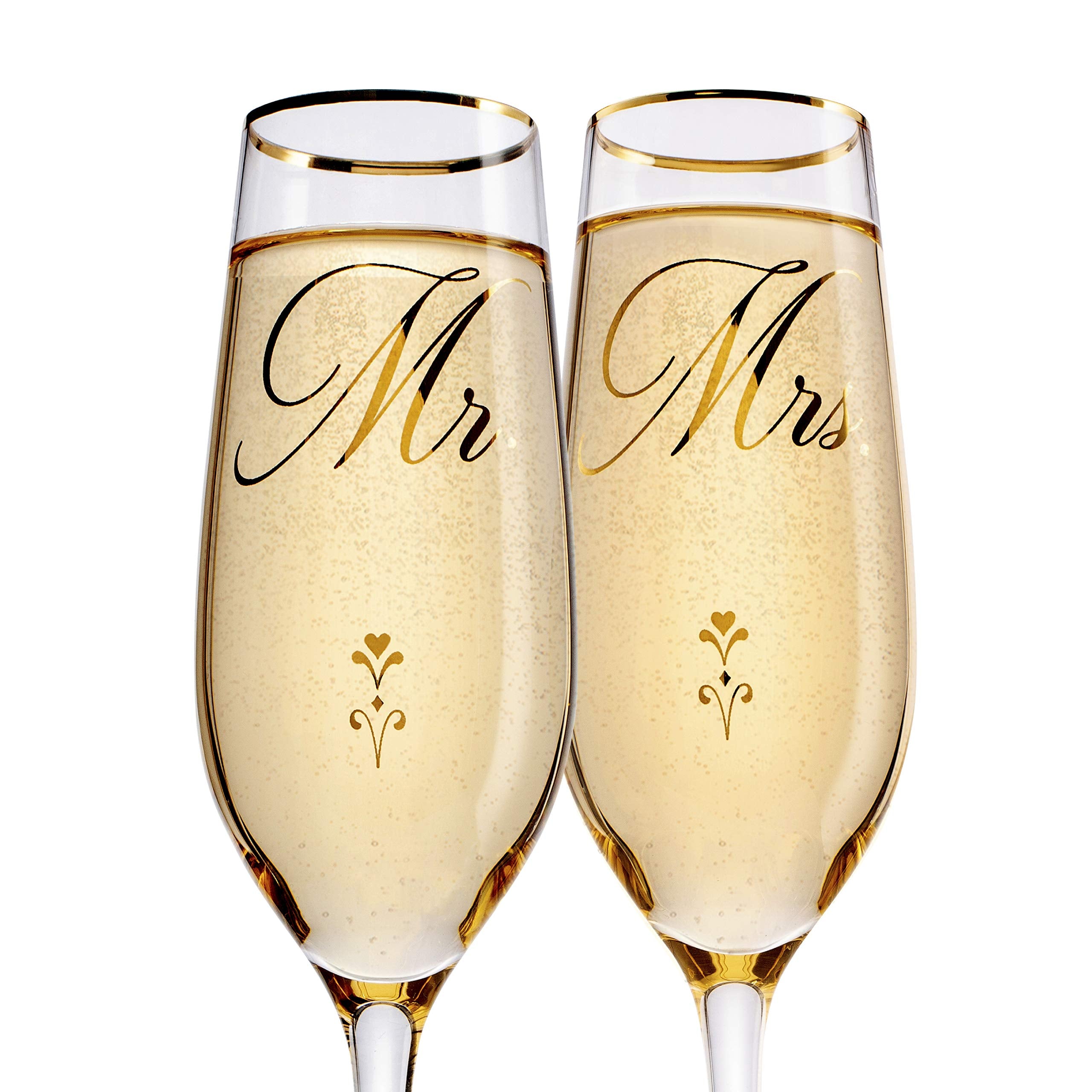 Bride and Groom Champagne Glasses (8 oz), Gold Print Mr and Mrs Glasses for Wedding Glasses and Toasting Flutes, Bridal Shower Gifts, Engagement Gift, Comes with Gift Box and Note Card