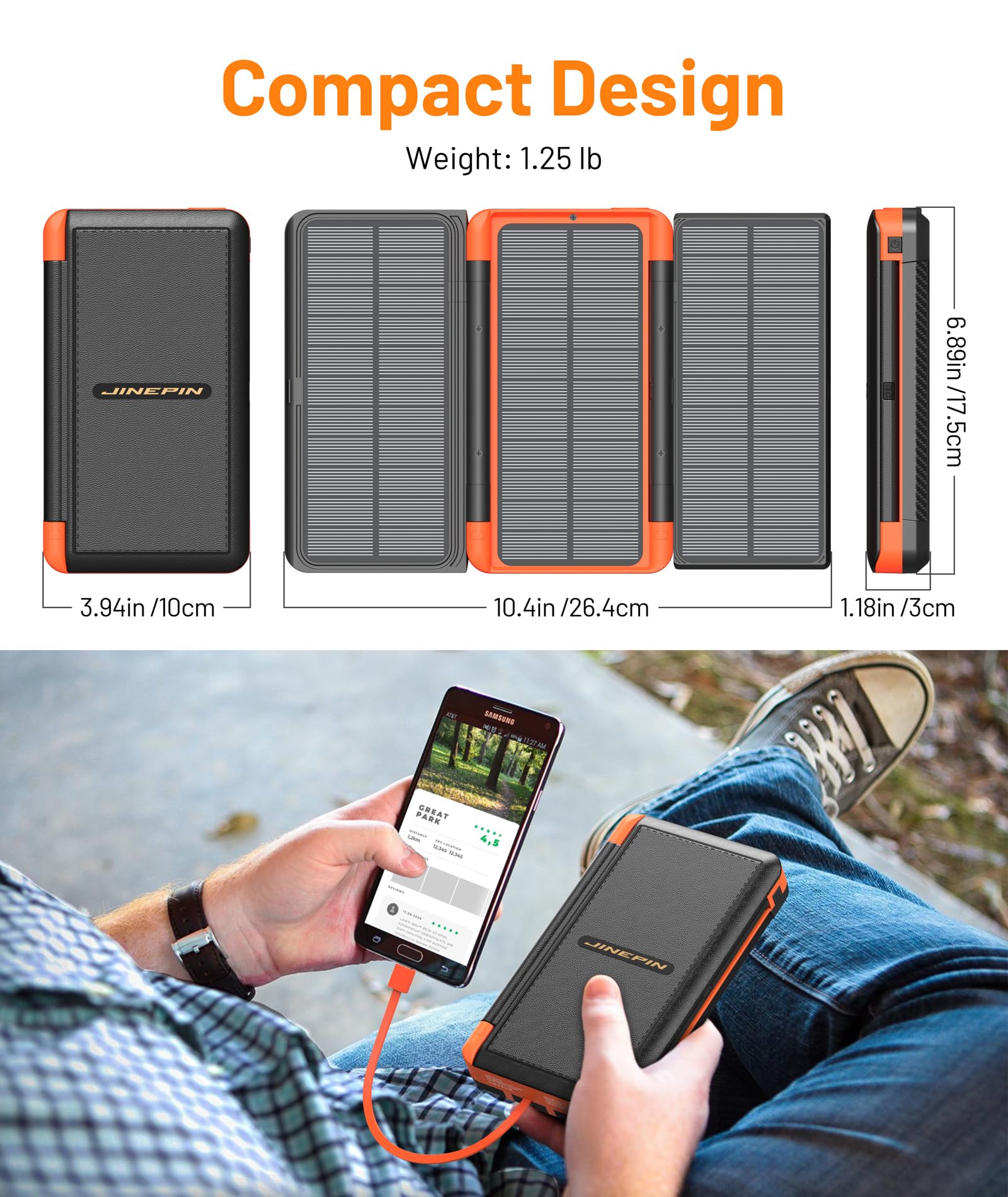 Power Bank Solar Charger 46800mAh Built in 4 Cables 3 Foldable Solar Panels, PD20W Fast Charging Portable Charger, LED Display Powerbank USB C in/Output, External Battery Pack with SOS Camping Light