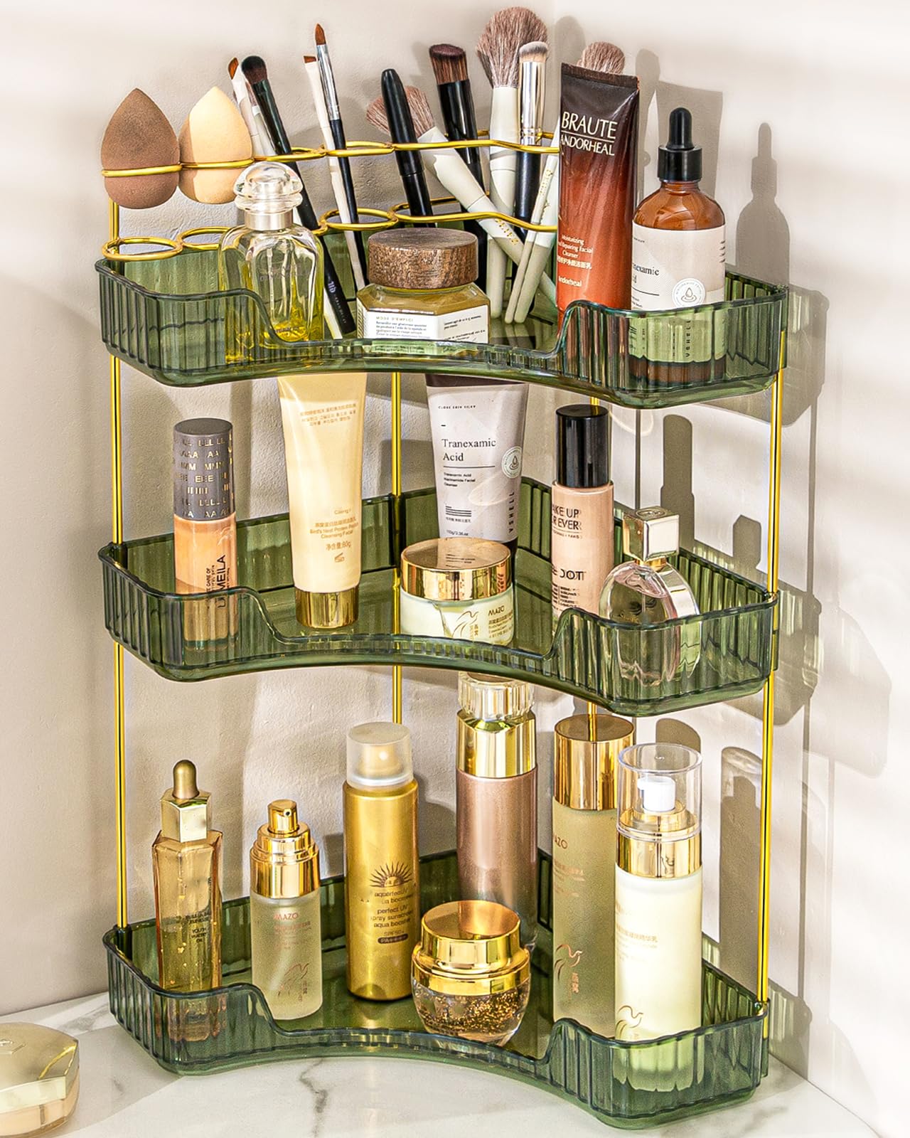 NATURE'S SOURCE Makeup Organizer for Vanity, 3-Tier Corner Bathroom Organizer Countertop with Makeup Brush Holder, Corner Counter Storage for Bathroom Dresser- Green