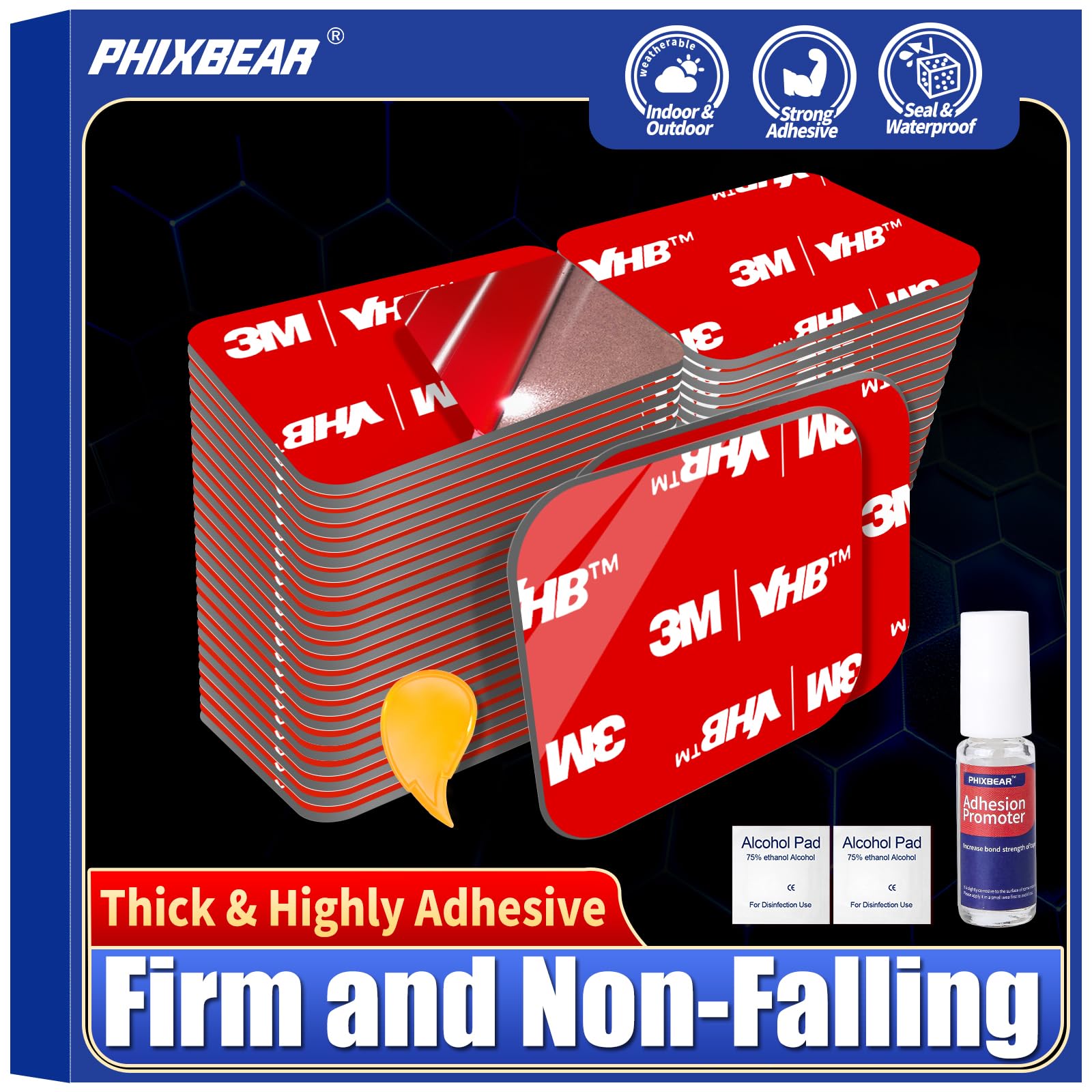 PHIXBEAR Double Sided Sticky Pads,Made of 3M VHB,Strong Adhesive Tape Squares Heavy Duty Waterproof Heat Resistant, Extreme Mounting Foam Tape,Car Home Outdoor Use, 48 Pcs 1.18x1.38 Inch