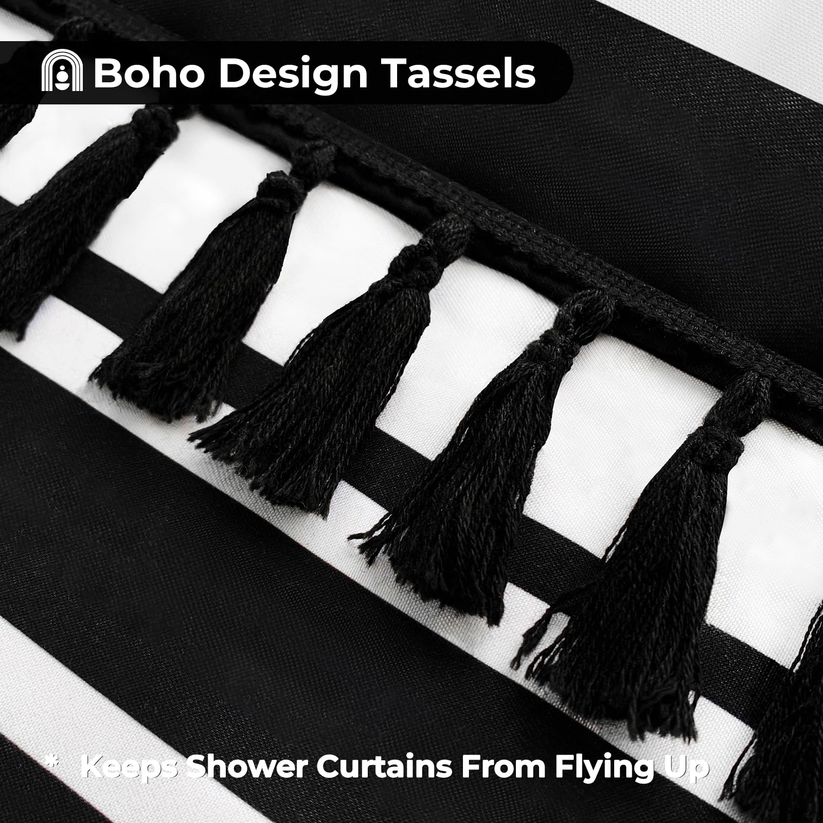Seasonwood Black and White Shower Curtain Farmhouse Shower Curtain Striped Shower Curtains for Bathroom Sets Boho Shower Curtains with Tassels Modern Bathroom Curtains Decor Waterproof Fabric 72"x72"