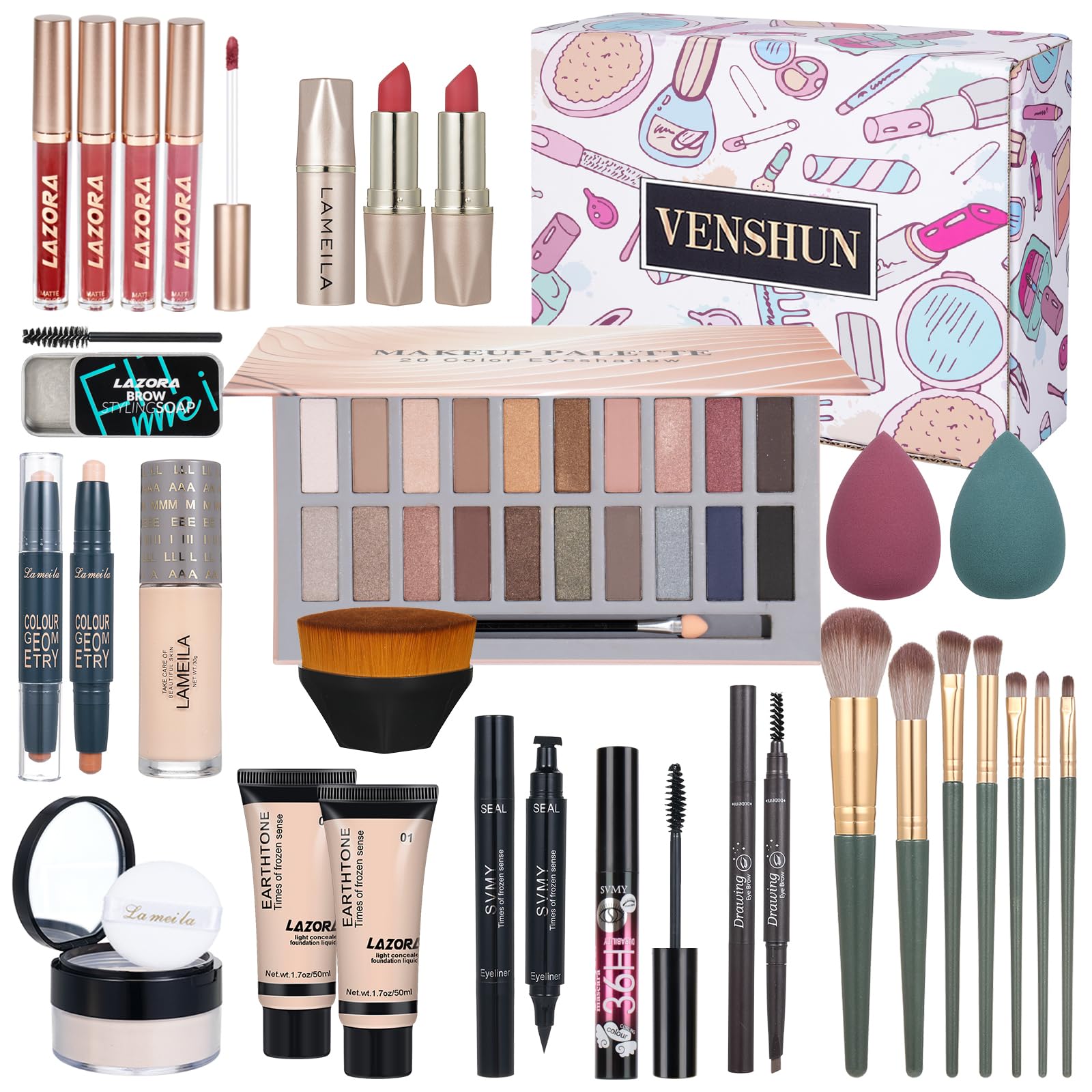 Makeup Kit Full Kit for Women Makeup Kit Full Kit for Teenagers Eyeshadow Palette Lip Gloss Foundation Mascara Eyeliner Cosmetic Brushes Cosmetic Bag etc. (20Middle)