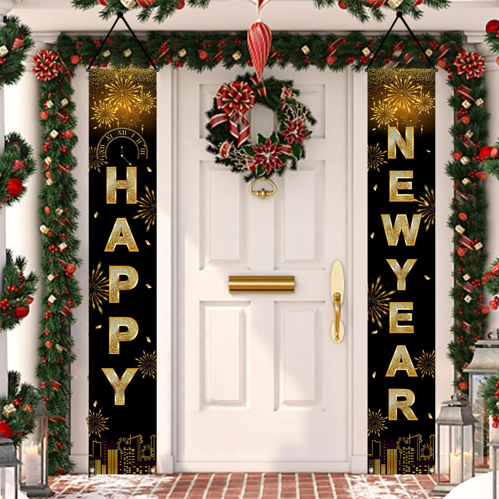 Happy New Year Door Banner Decorations-2025 Black Gold New Year Front Porch Hang Door Banners,New Years Eve Party Supplies,New Year Door Banner Sign Set for Home,Yard,Wall,Indoor,Outdoor 71x12 Inch