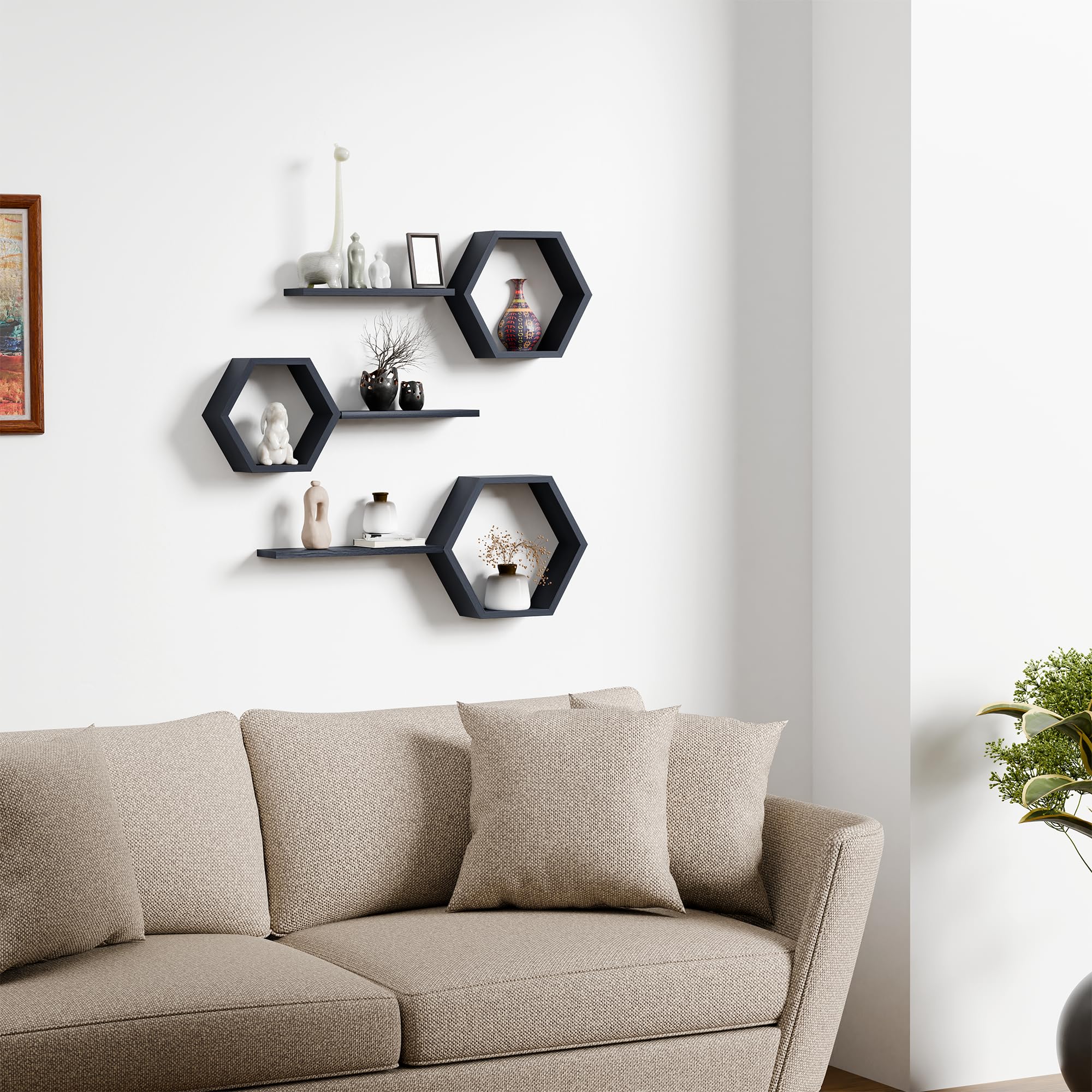 Decovate Hexagon Floating Shelves Set of 6 Honeycomb Shelves for Wall, Wooden Hexagon Shelves for Farmhouse Storage (Carbonized Black)
