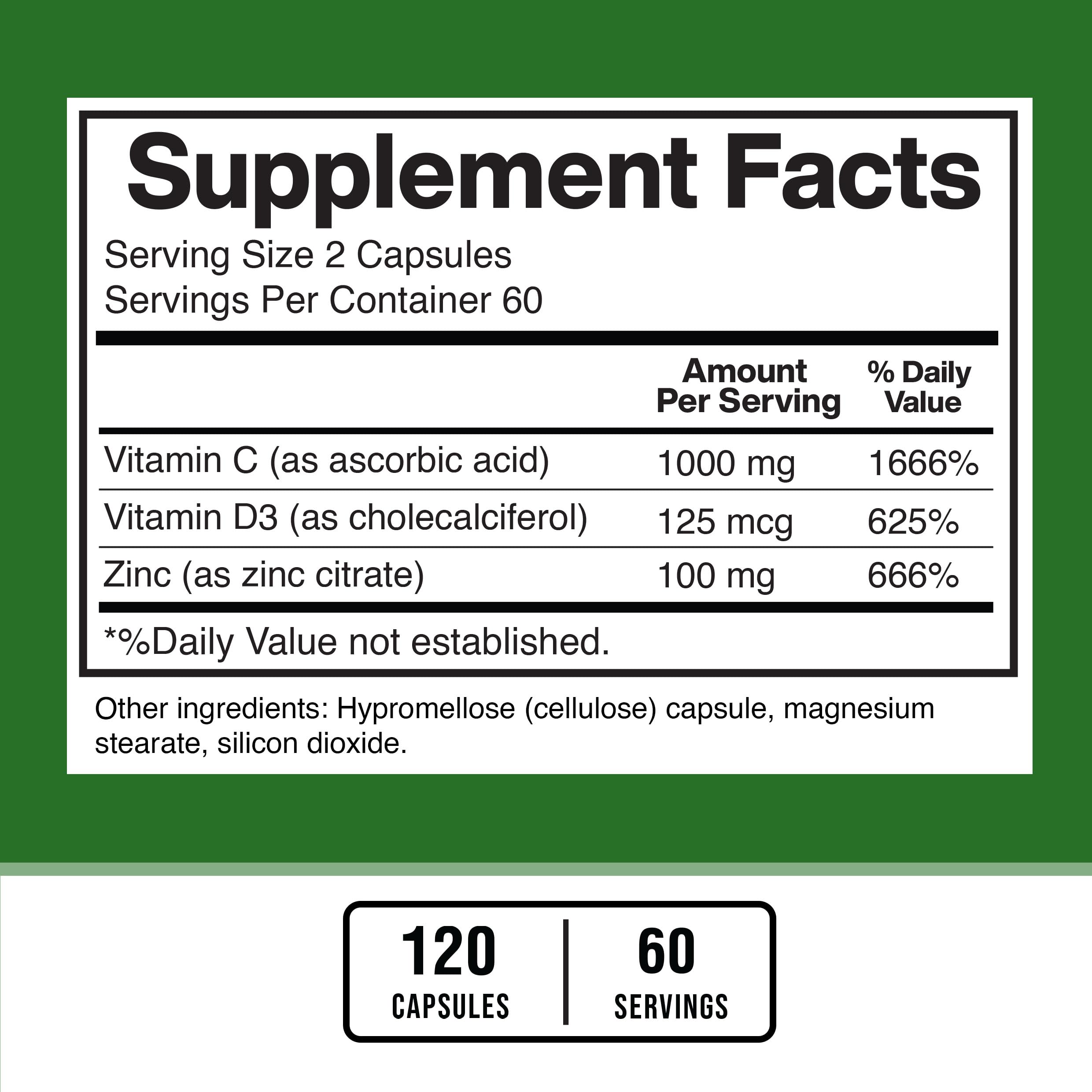 American Standard Supplements Zinc 100mg, Vitamin C 1000mg, and Vitamin D3 5000 IU (125mcg) Per Serving - Gluten Free, Non-GMO, 120 Capsules, 60 Servings