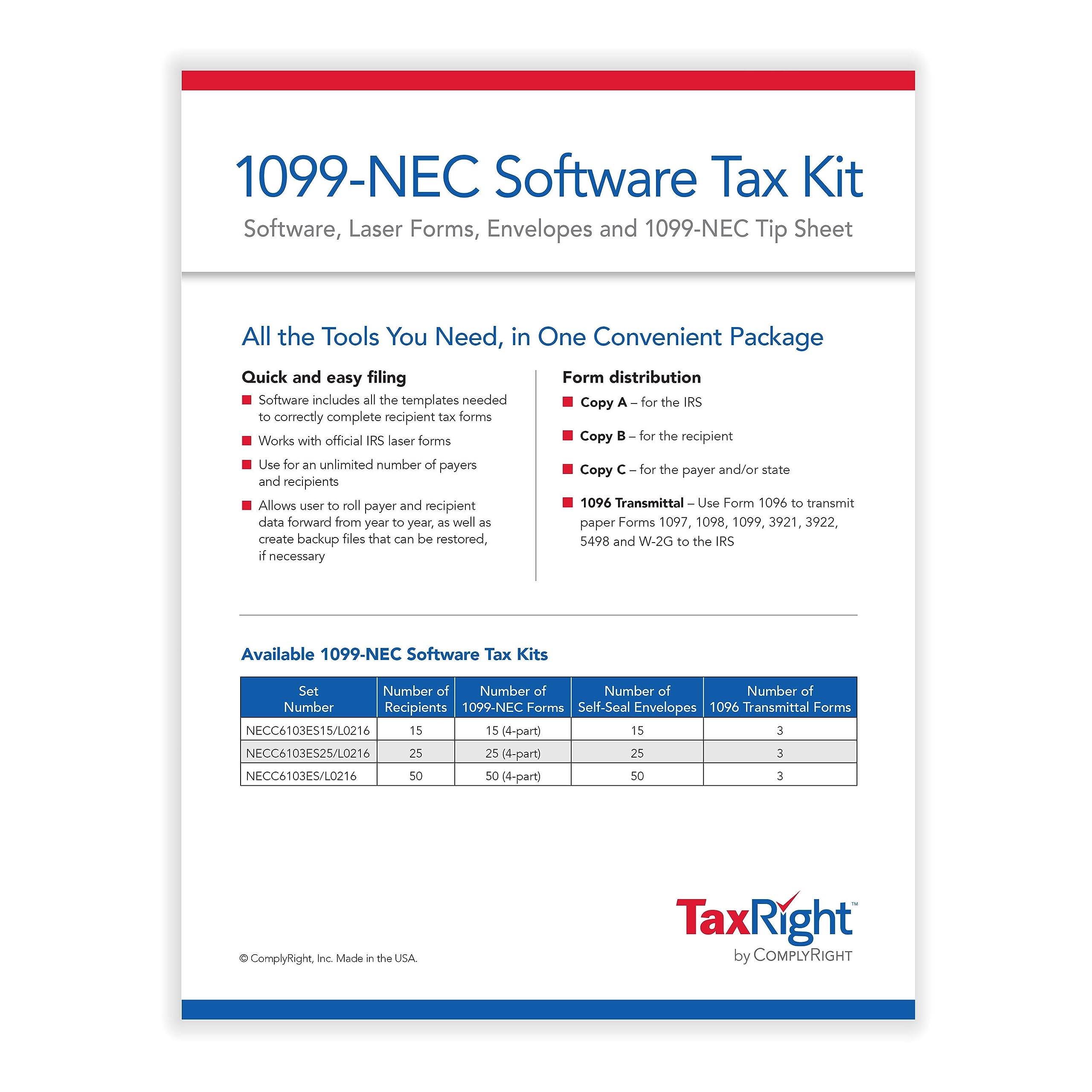 ComplyRight 2024 TaxRight 1099-NEC Tax Kit (4-Part) | 50 Recipients |Self-Seal Envelopes | Software