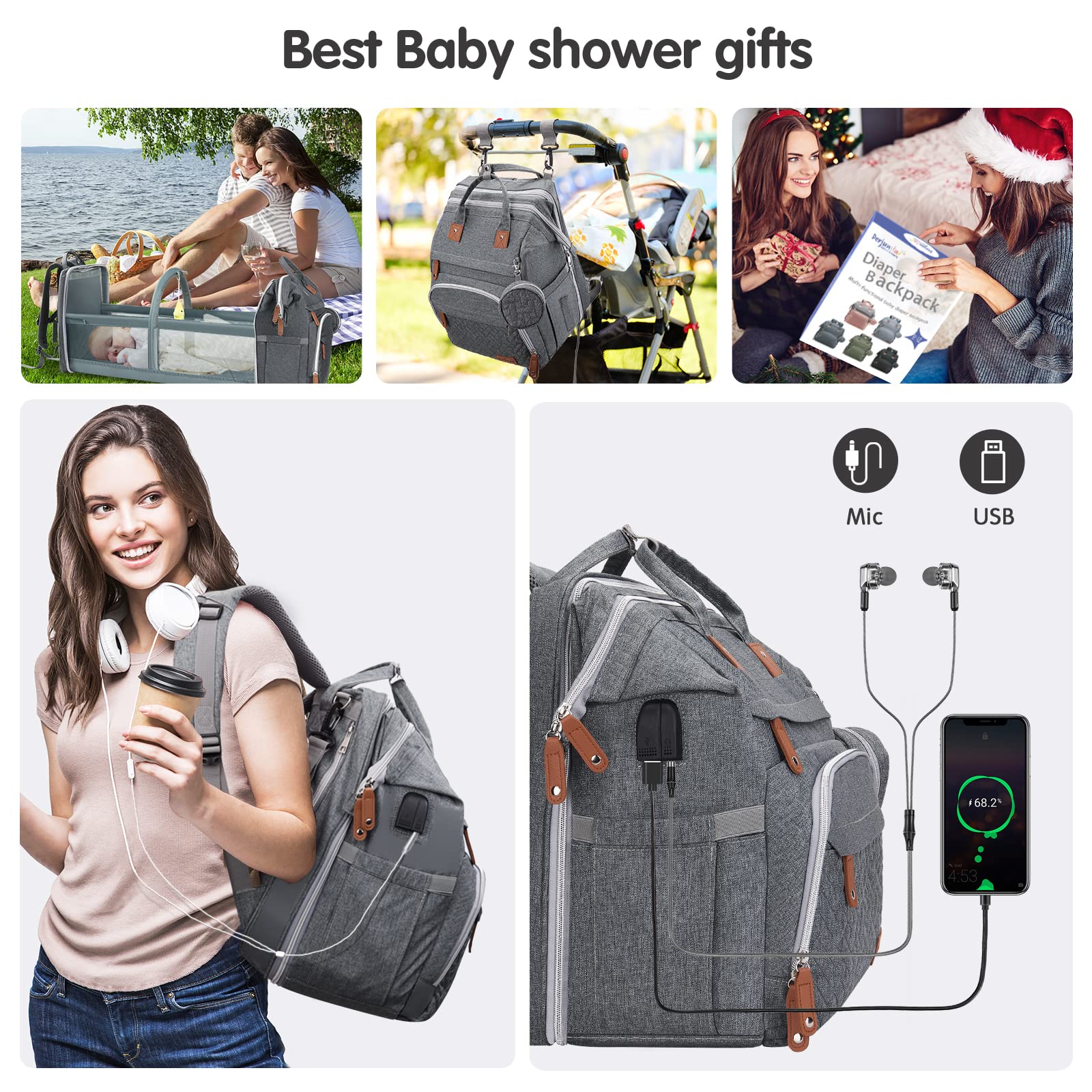 DERJUNSTAR Diaper Bag Backpack,Baby Diaper Bags, Multifunctional Travel Diaper Waterproof Backpack for Baby Boy & Girls, with Portable Diaper Pad,Grey