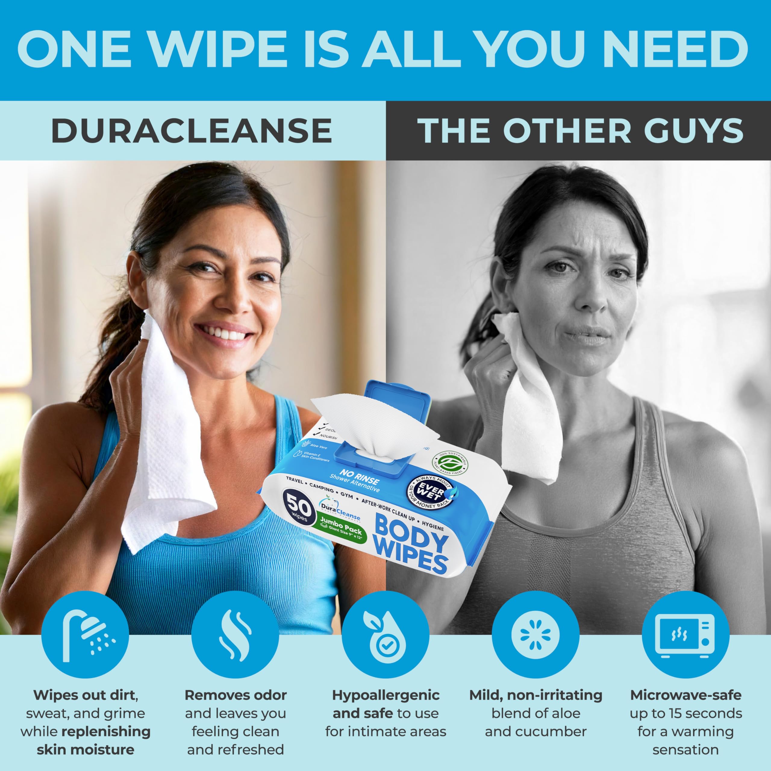 DuraCleanse Body Wipes for Adults Bathing No Rinse (2 Pack) 100 XL Shower Wipes + 8 Travel Bath Wipes - 9" x 12" Extra Thick Adult Disposable Washcloths for Elderly Incontinence & Camping Essentials