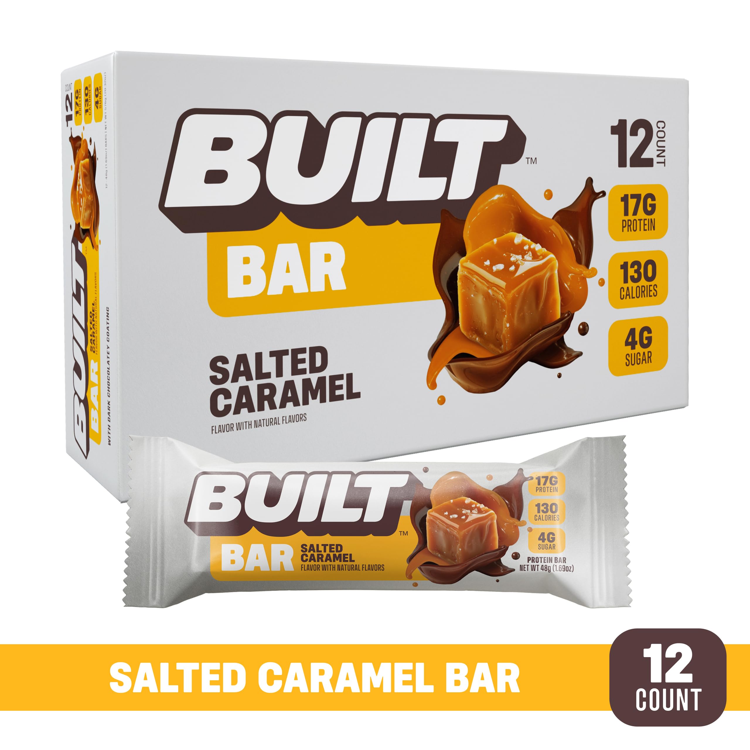 BUILT Bar, High Protein Bars, 17g High Protein Snacks, On-The-Go Bars with only 130 Calories & 4g Sugar, Salted Caramel, 12 Count