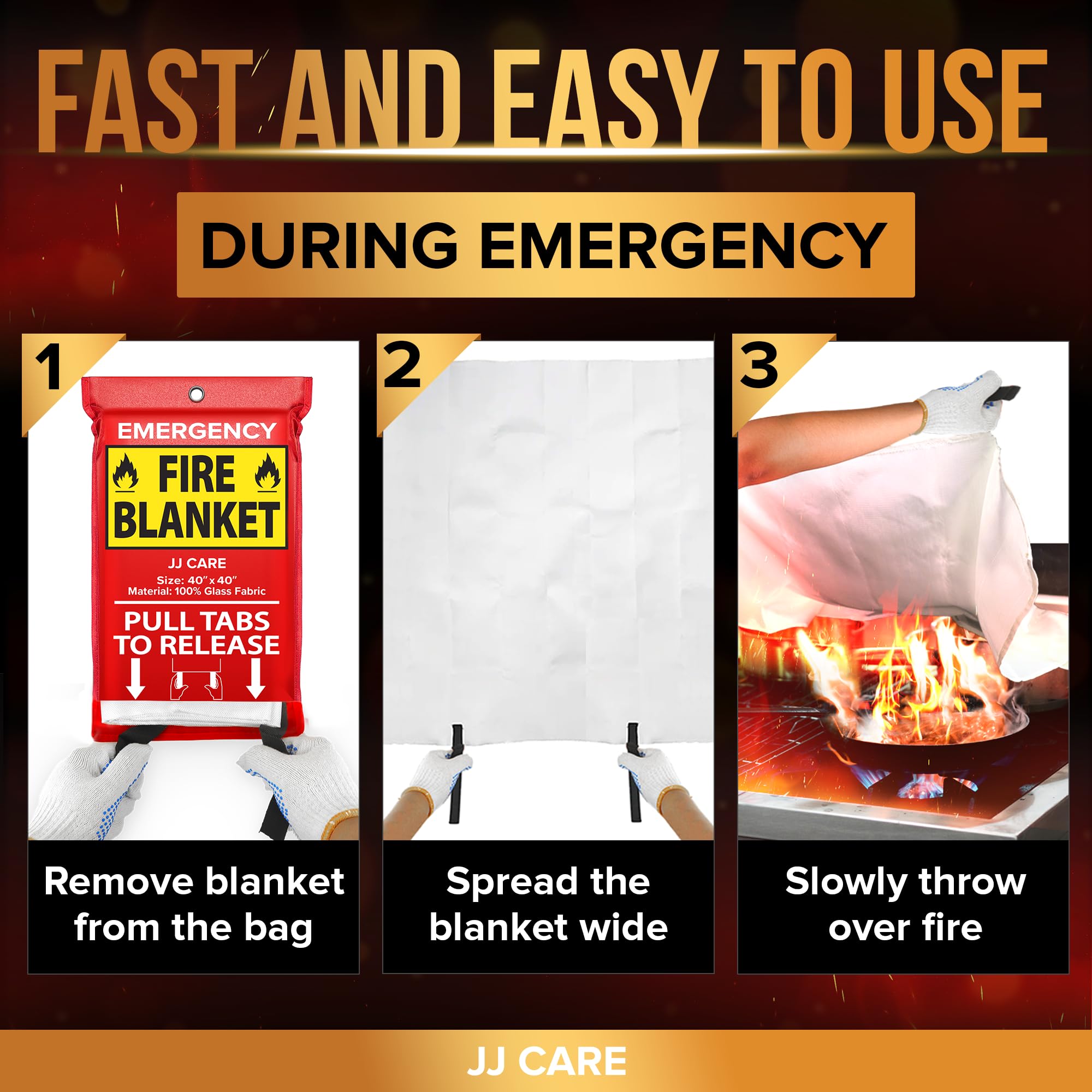 JJ CARE Fire Blanket – 10 Packs with Hooks – Emergency Fire Blanket for Home & Kitchen, High Heat Resistant Fire Suppression Blankets for Home Safety, Kitchen, and Camping