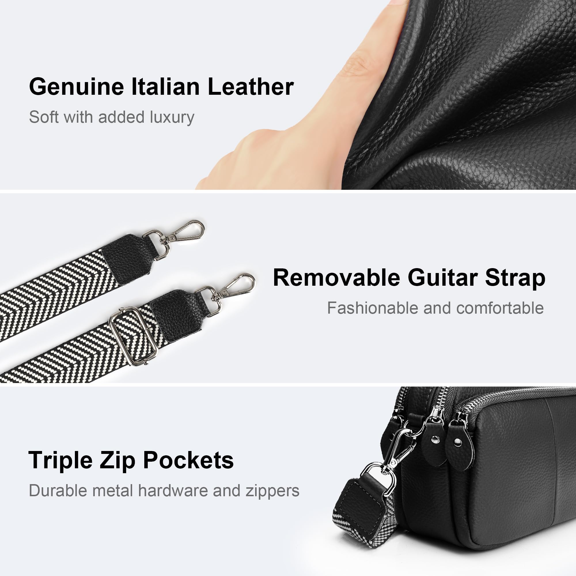 befen Black Small Genuine Leather Triple Zip Genuine Leather Camera Crossbody Bags for Women,Cell Phone Purse Shoulder Handbags with Credit Card Slots