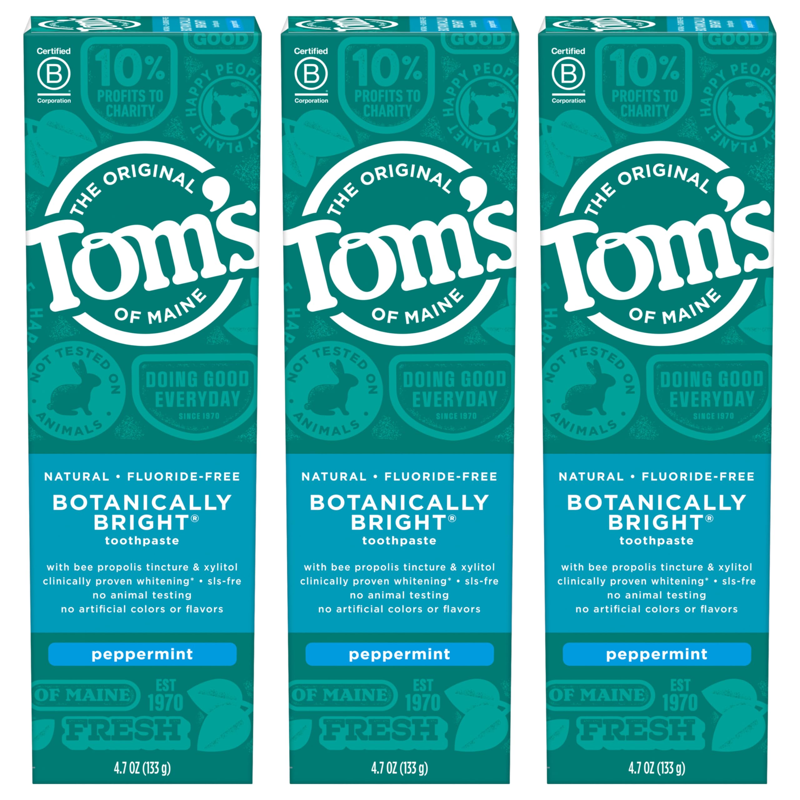 Tom's of Maine Natural Fluoride-Free SLS-Free Botanically Bright Toothpaste, Peppermint, 4.7 oz. 3-Pack (Packaging May Vary)