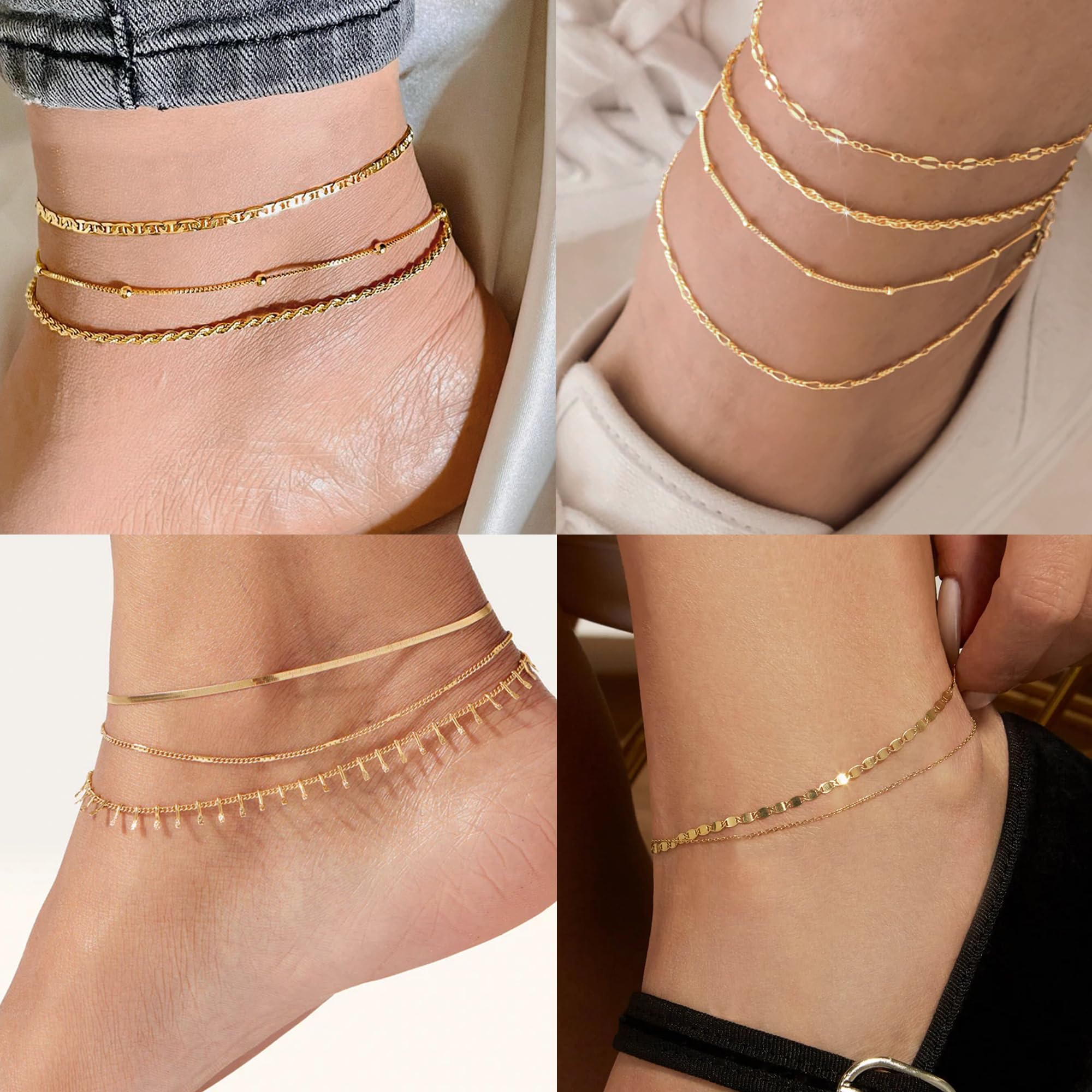 iF YOU Gold Ankle Bracelets for Women, 14k Gold Plated Waterproof Cuban Link Chain Anklets Set, Layered Anklet Bracelets for Women Beach Gift Adjustable Size 5pc (Style6-gold)