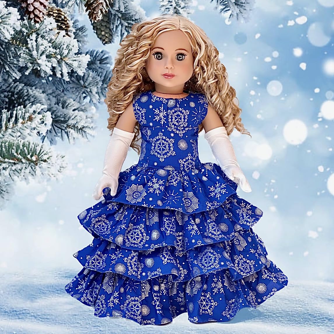 Silver Snowflake - 3 Piece 18 inch Doll Outfit - Blue Gown with White Stole and Long Gloves - (Doll Not Included)